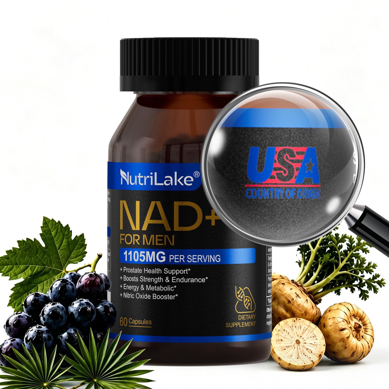 NUTRILAKE NAD+ Supplement for Men NMN Alternative with Resveratrol, Nicotinamide Riboside, Support Healthy Aging, Cellular Energy, Prostate Health, 60 Capsules