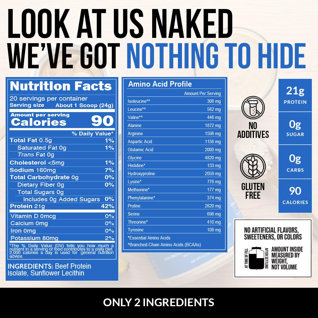 NAKED Beef Protein Isolate Powder - Grass Fed European Beef Bones, 21g Protein, 0g Carbs, Collagen, Amino Acids, Dairy Free, No Artificial Ingredients, Paleo Keto Carnivore Friendly, Unflavored - 17.9 oz