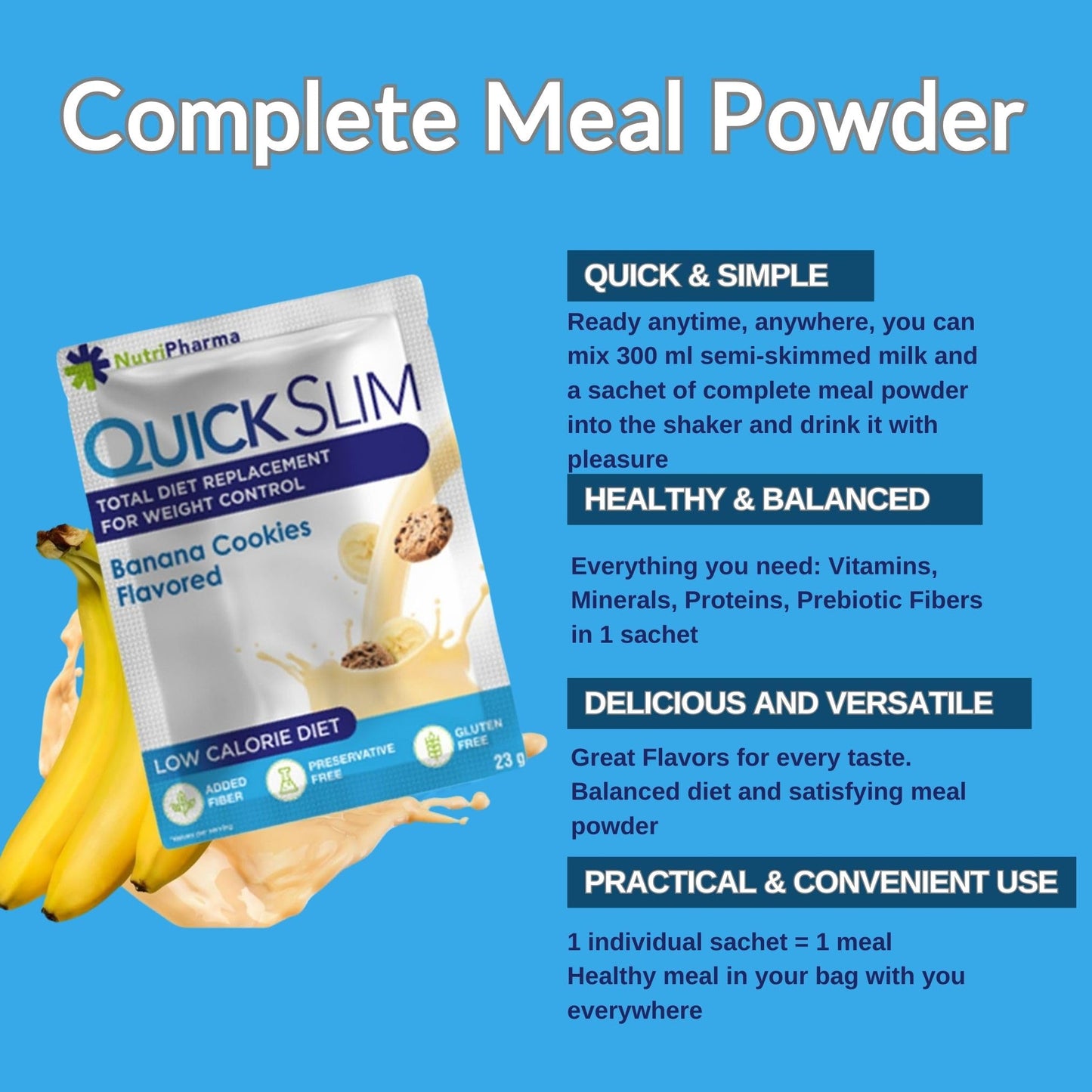 NUTRIPHARMA Quick Slim High Protein Shakes for Weight Loss, Powder, 30 Sachets