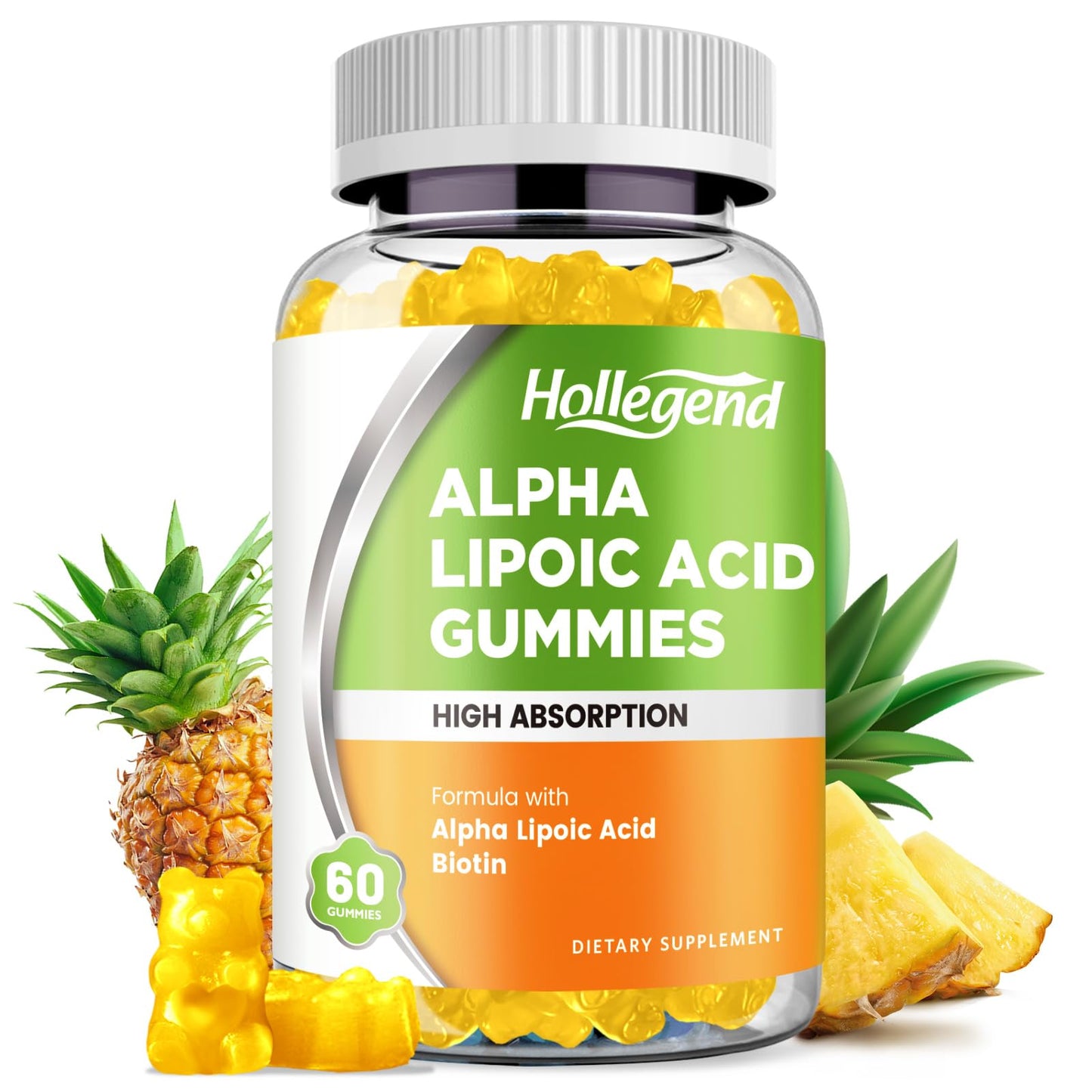 HOLLEGEND Alpha Lipoic Acid Gummy 1000mg with Biotin, High Absorption Chewable ALA Supplement for Antioxidant, Brain Health and Nerve Support, Pineapple Flavor, Sugar Free, 60 Gummies