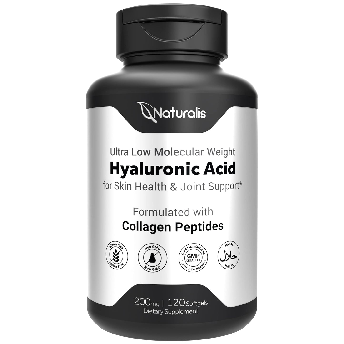 Naturalis Hyaluronic Acid 200mg Ultra Low Molecular Weight with Collagen, Biotin, Selenium & Vitamin E Softgels, 120 Count