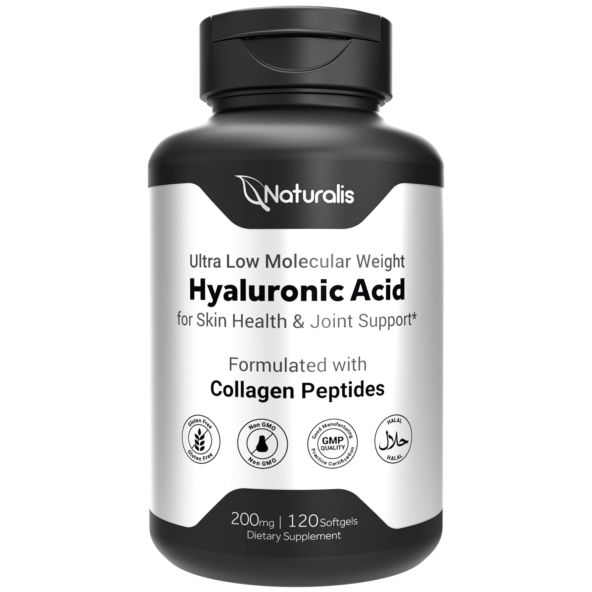 Naturalis Hyaluronic Acid 200mg Ultra Low Molecular Weight with Collagen, Biotin, Selenium & Vitamin E Softgels, 120 Count