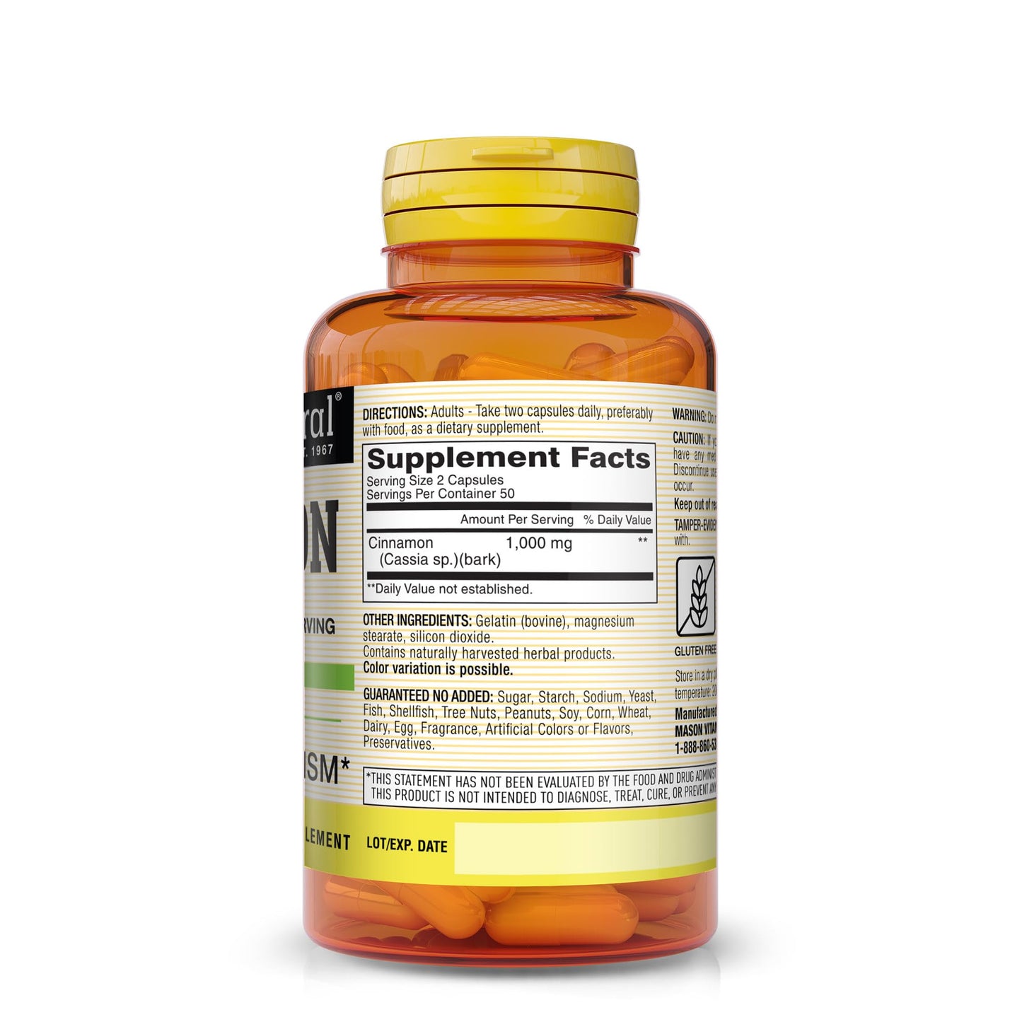 MASON NATURAL Cinnamon 1000 mg Natural Dietary Supplement Capsules, 100 Capsules