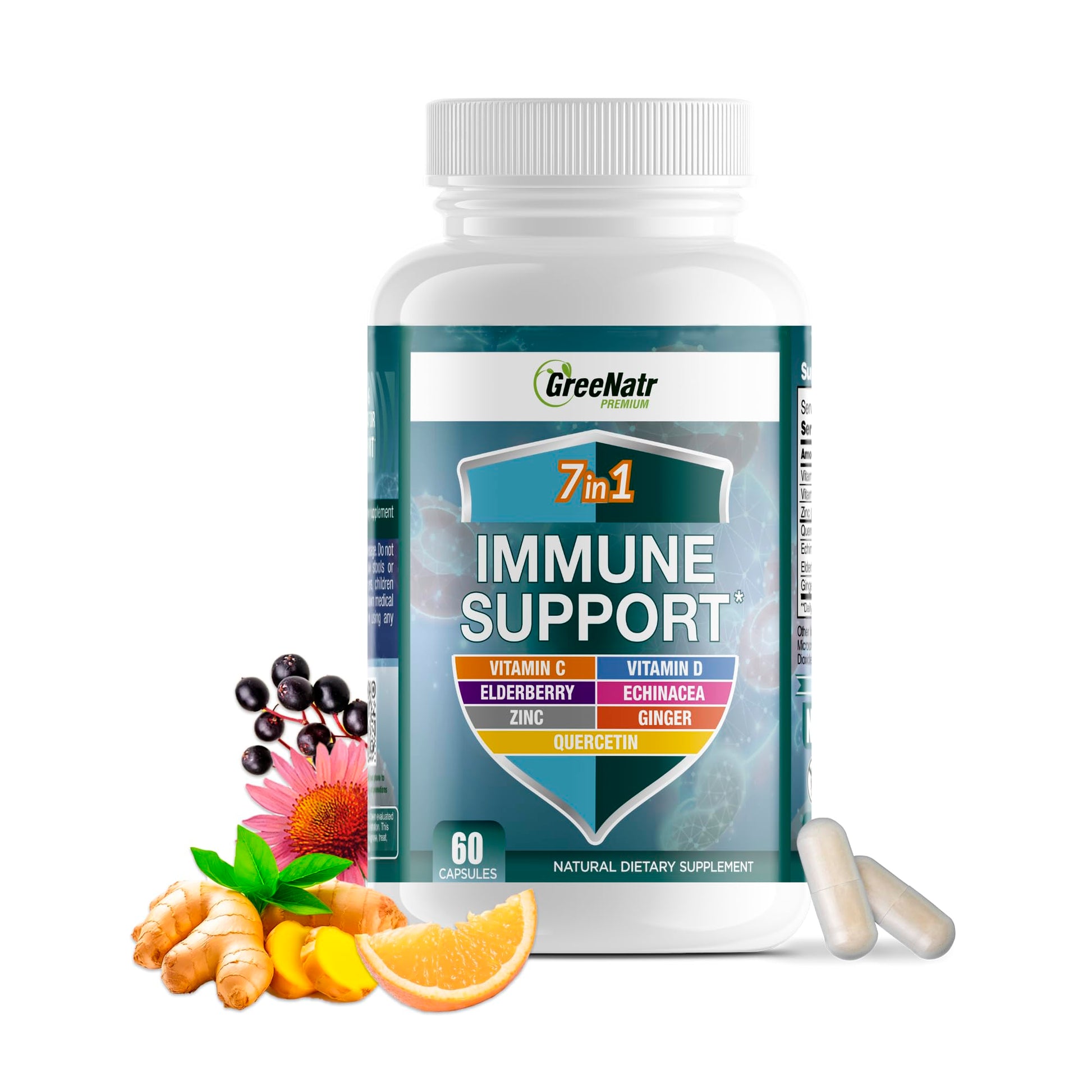 GreeNatr Immune Support Supplement with Vitamin C, D3, Zinc 50mg, Quercetin, Echinacea Purpurea, Sambucus Elderberry and Ginger, 60 Capsules