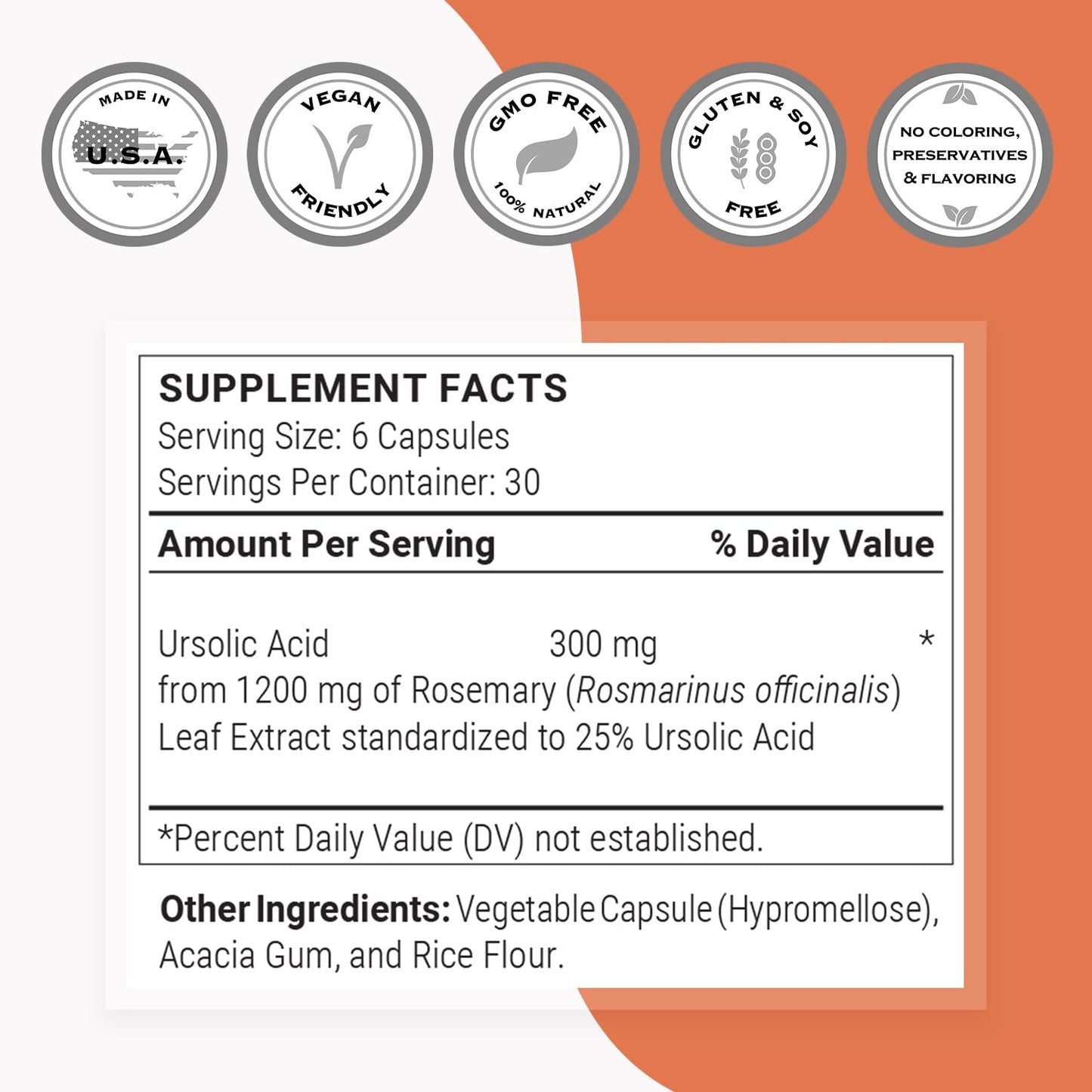 Supersmart Ursolic Acid 300mg per Day Rosemary Leaf Extract Supplement, 180 Capsules