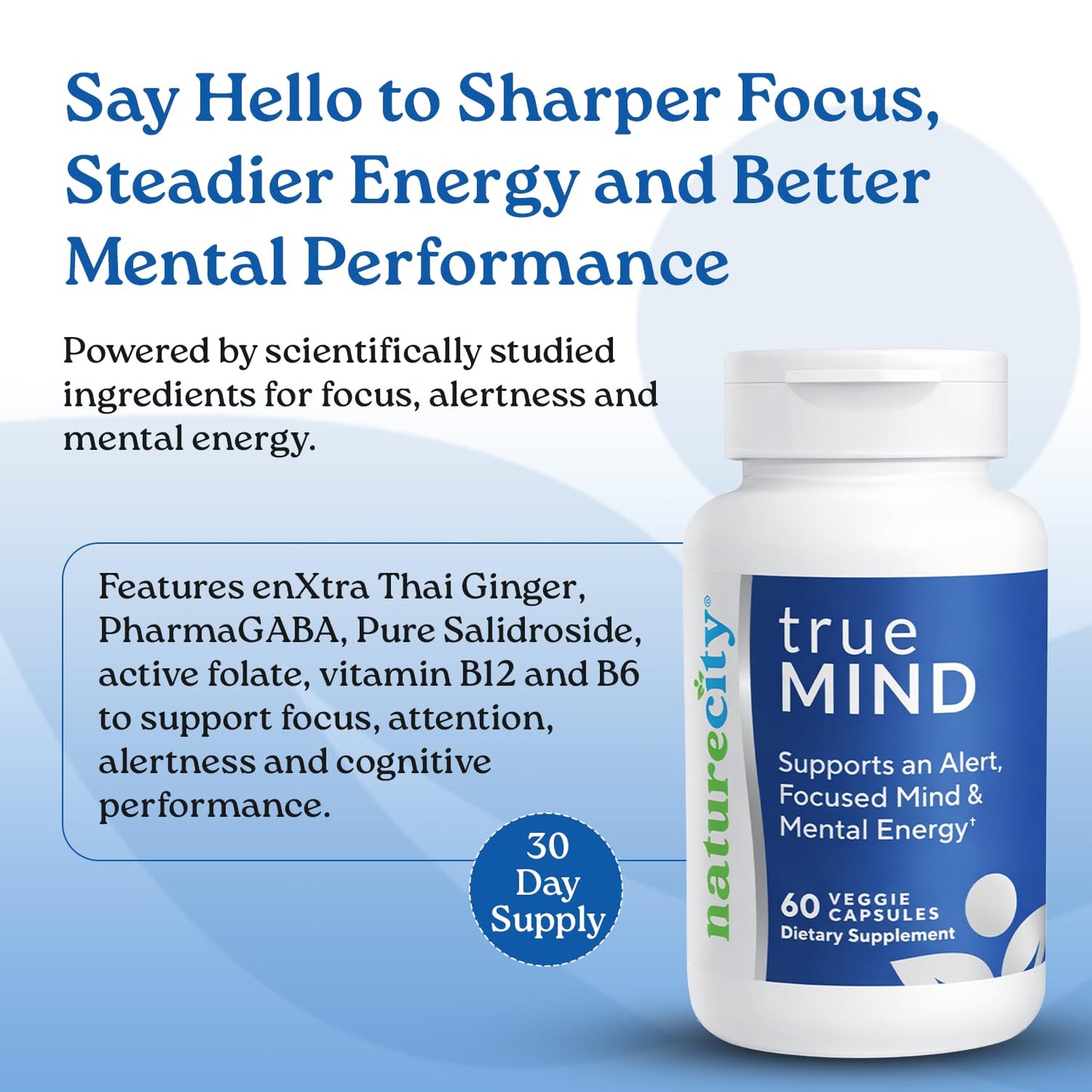 NatureCity True-Mind Focus, Alertness & Stress Support Capsules, 60 Count