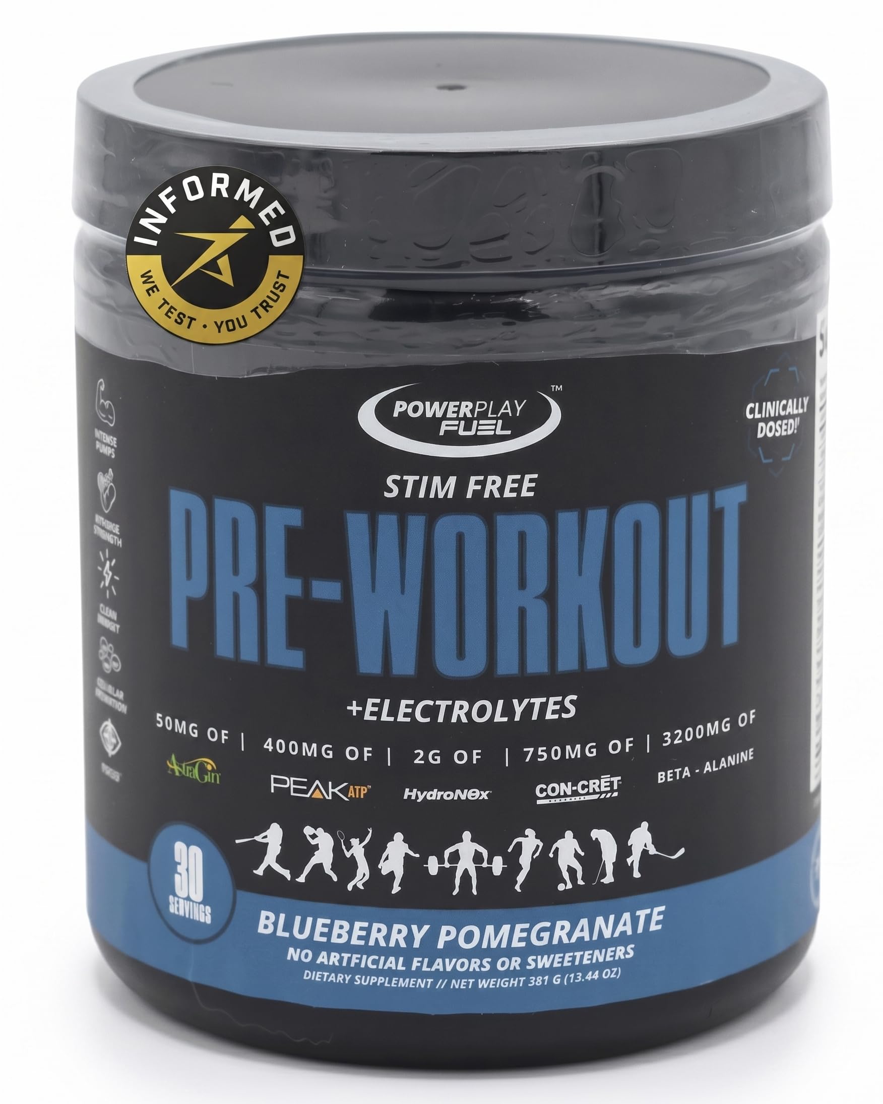 POWER PLAY FUEL Stim Free Pre Workout Powder, Blueberry Pomegranate, 13.44 oz