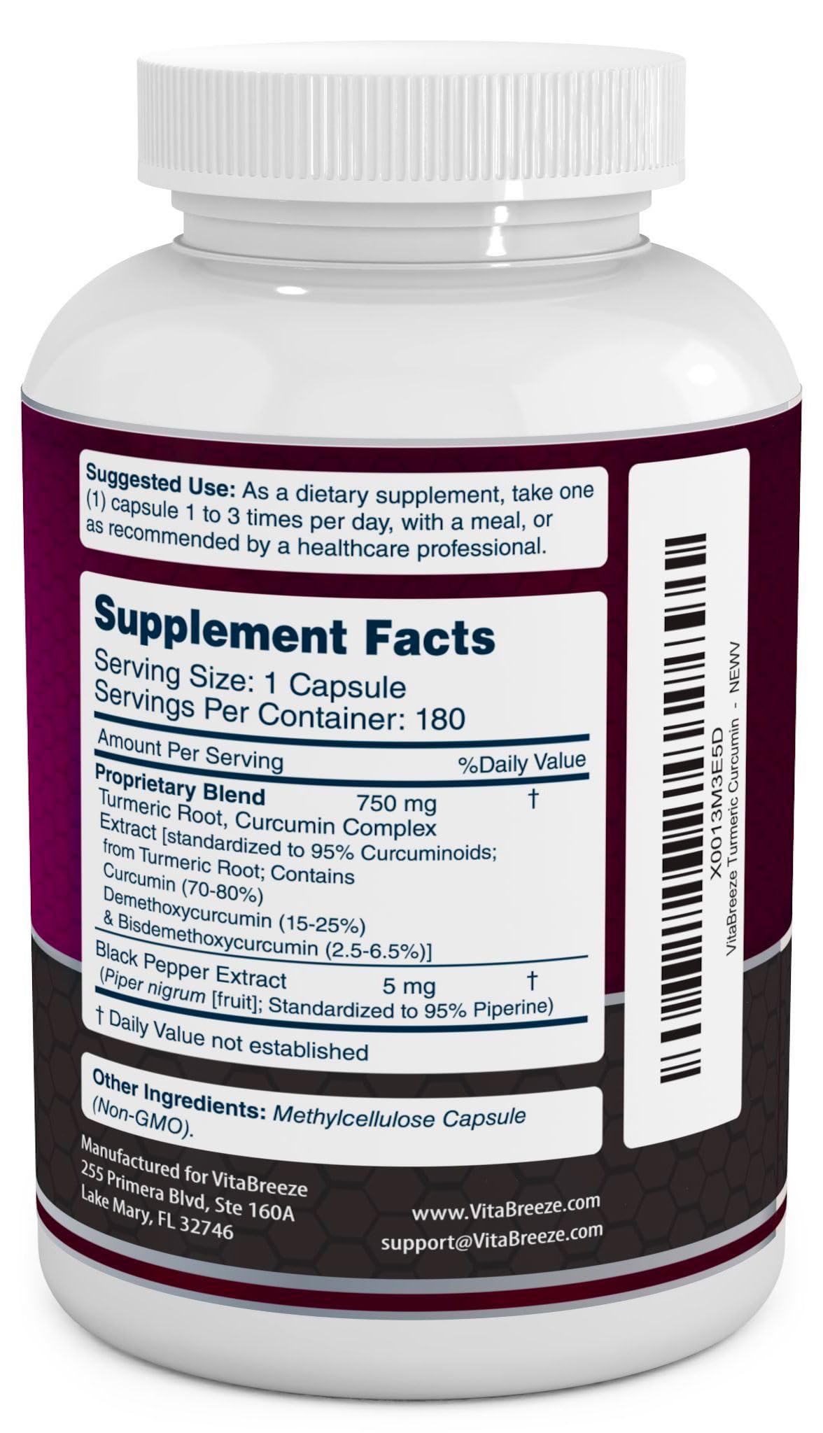 VitaBreeze Turmeric Curcumin Complex with Black Pepper Extract 755mg per Capsule, 180 Veg Caps
