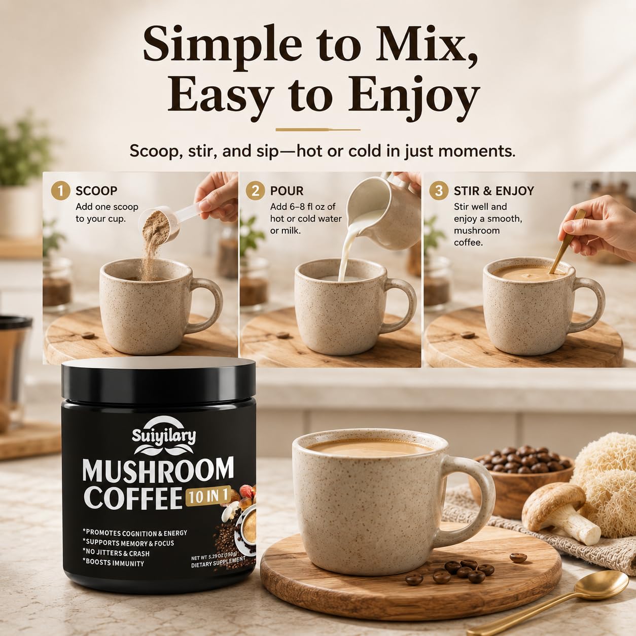 Suiyilary Mushroom Coffee Powder Blend with 10 Mushroom Extracts (Lion's Mane, Reishi, Chaga, Cordyceps, Turkey Tail), 5.3 oz