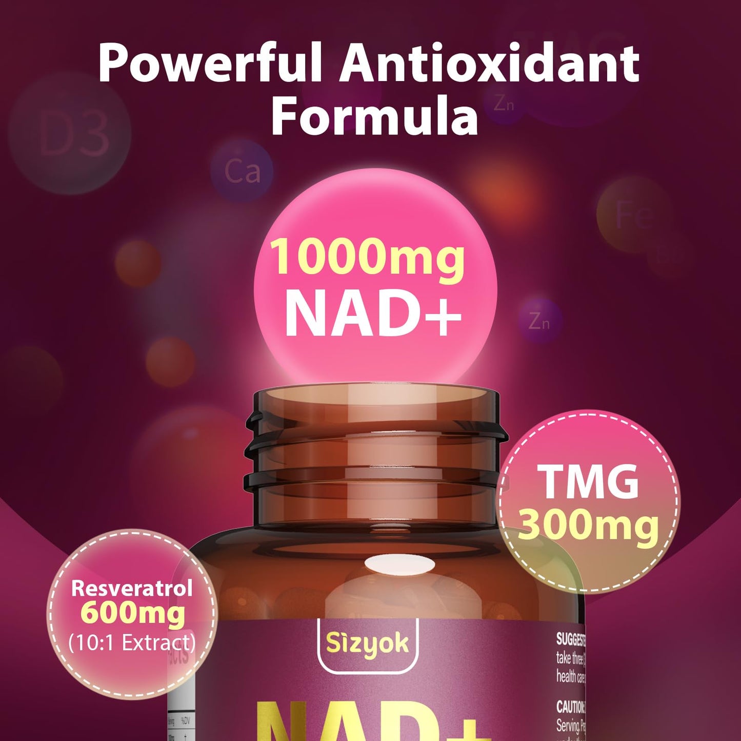 Sizyok NAD Supplement 1100mg + Resveratrol 600mg – Advanced Liposomal NAD+ Capsules with Pterostilbene & Quercetin, 90 Count