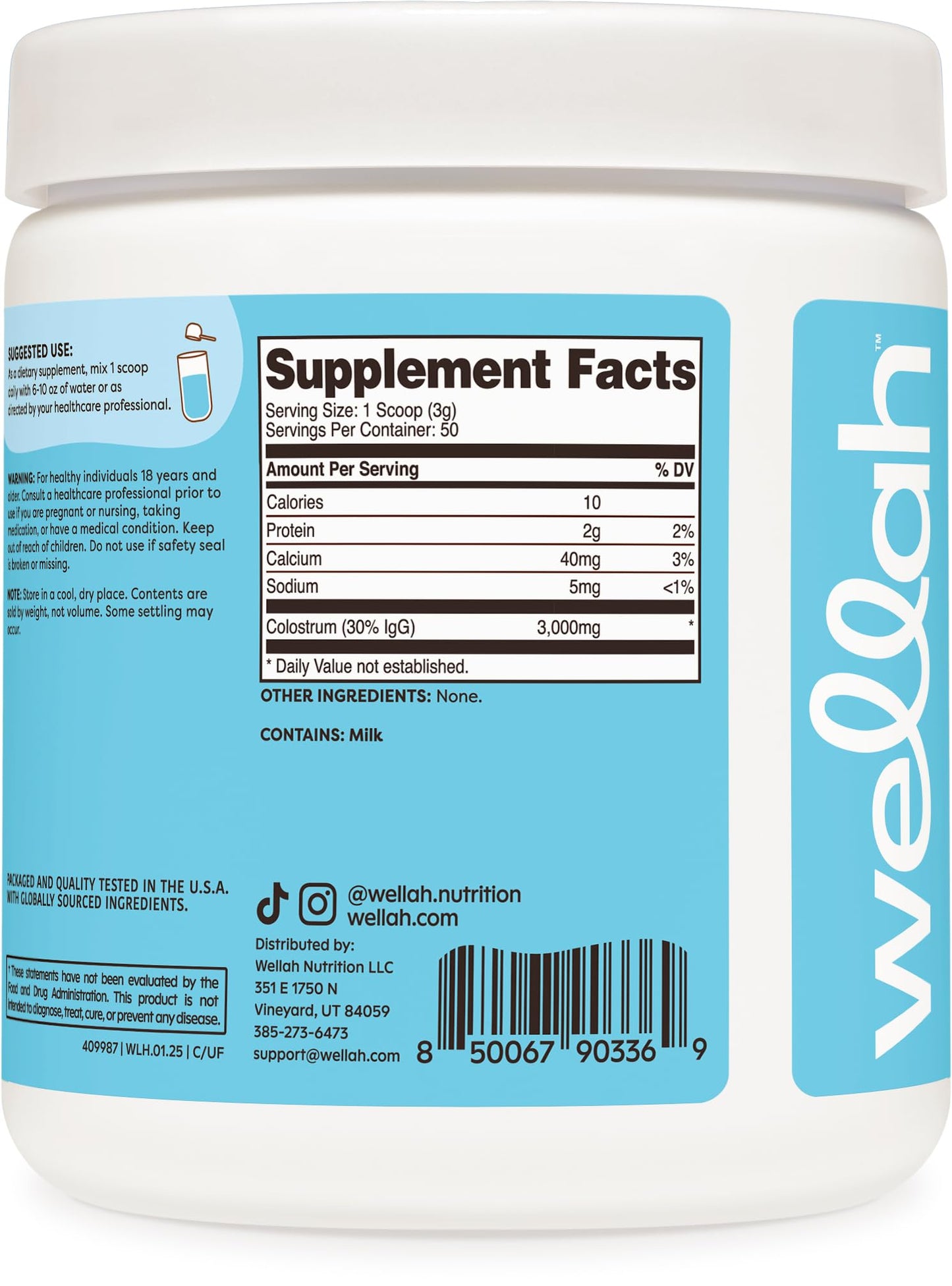 Wellah Colostrum Powder (Unflavored), 5.4 oz