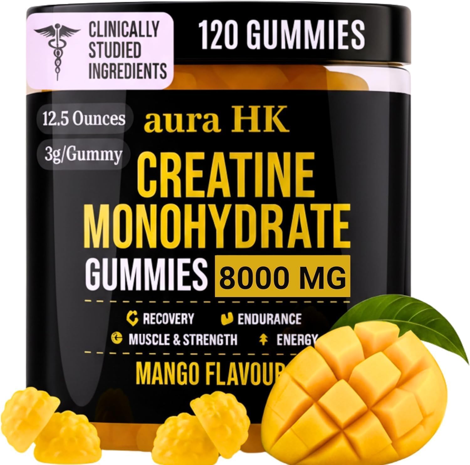 Aura HK Sugar Free Creatine Monohydrate Gummies Mango Flavour, 120 Gummies