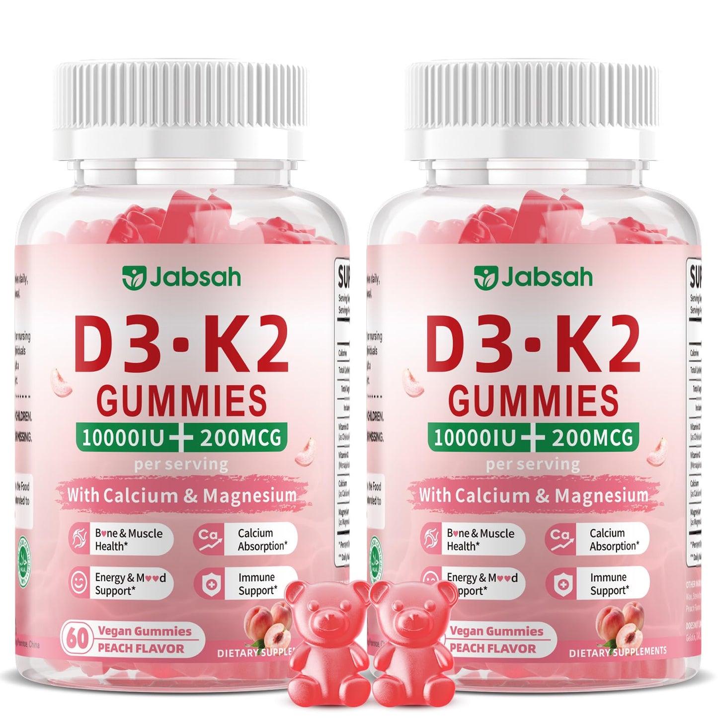 Jabsah Vitamin D3 K2 Gummies 10000 IU with Calcium, Magnesium & K2 (MK-7), Extra Strength, 120 Count