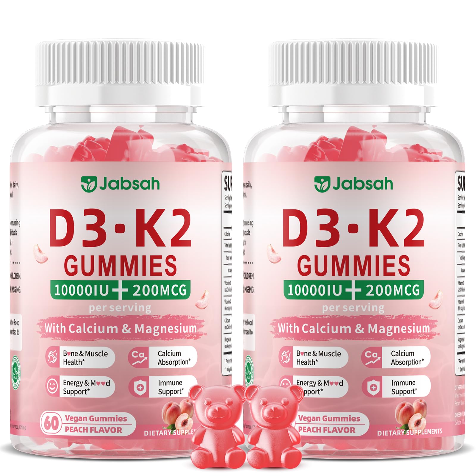 Jabsah Vitamin D3 K2 Gummies 10000 IU with Calcium, Magnesium & K2 (MK-7), Extra Strength, 120 Count