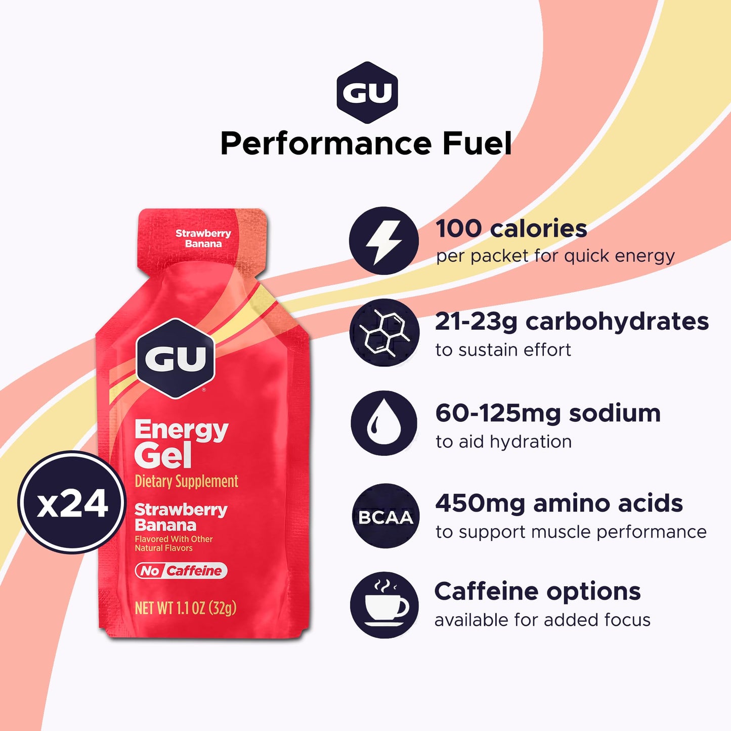 GU Energy Original Sports Nutrition Energy Gel, Strawberry Banana, 24 Count Box