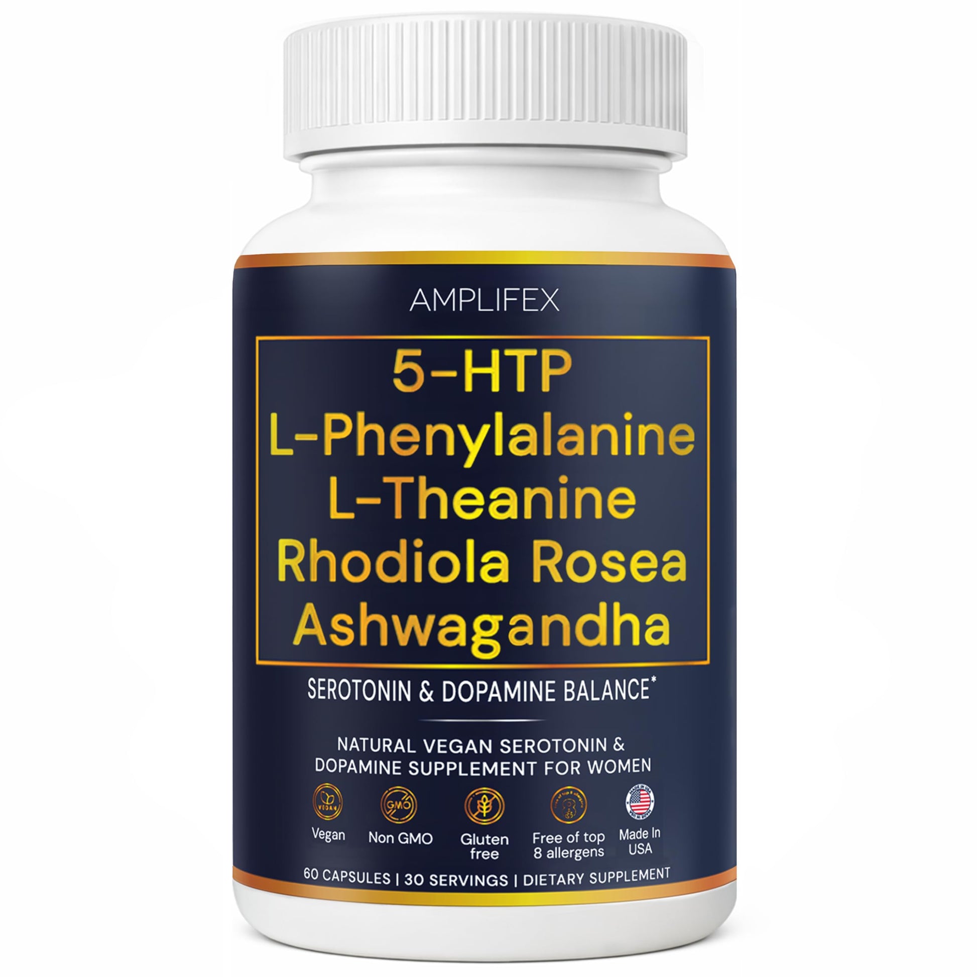 AMPLIFEX Natural Serotonin and Dopamine Mood & Stress Support Supplement for Women 60 Capsules