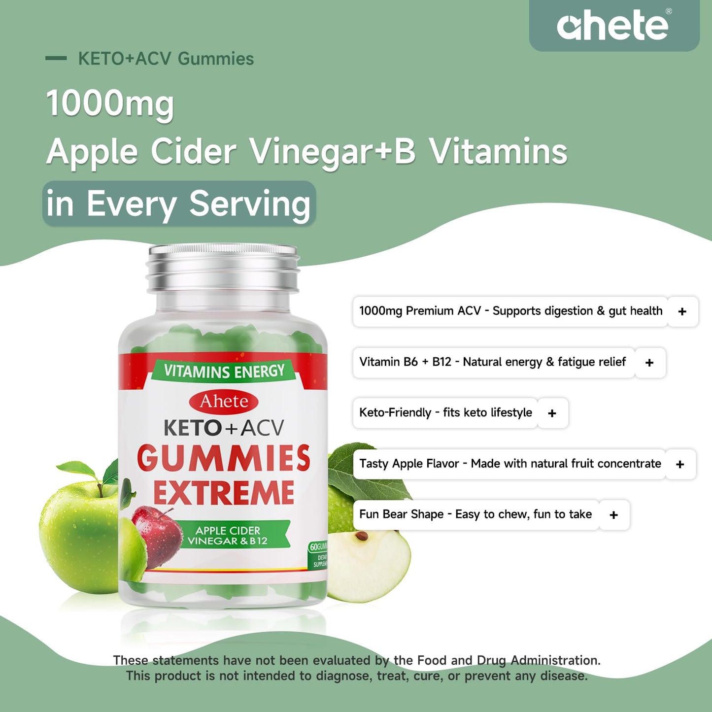 Ahete Keto Apple Cider Vinegar Gummies with Vitamin B6, B12, Folate & Beet Root, Keto ACV Gummy Supports Daily Wellness & Metabolism, Natural Apple Flavor, 120 Gummies