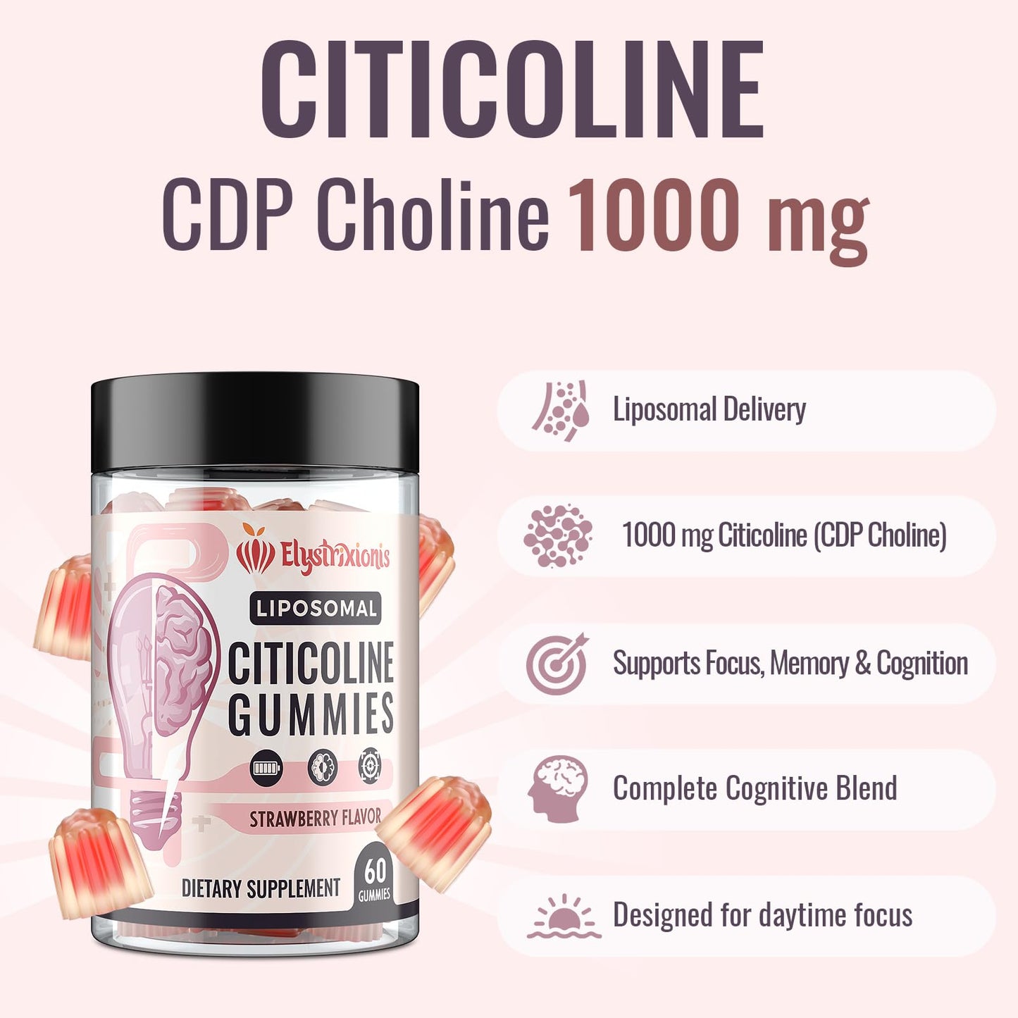 Elystrixionis Citicoline (CDP Choline) 1000mg Gummies 60 Count