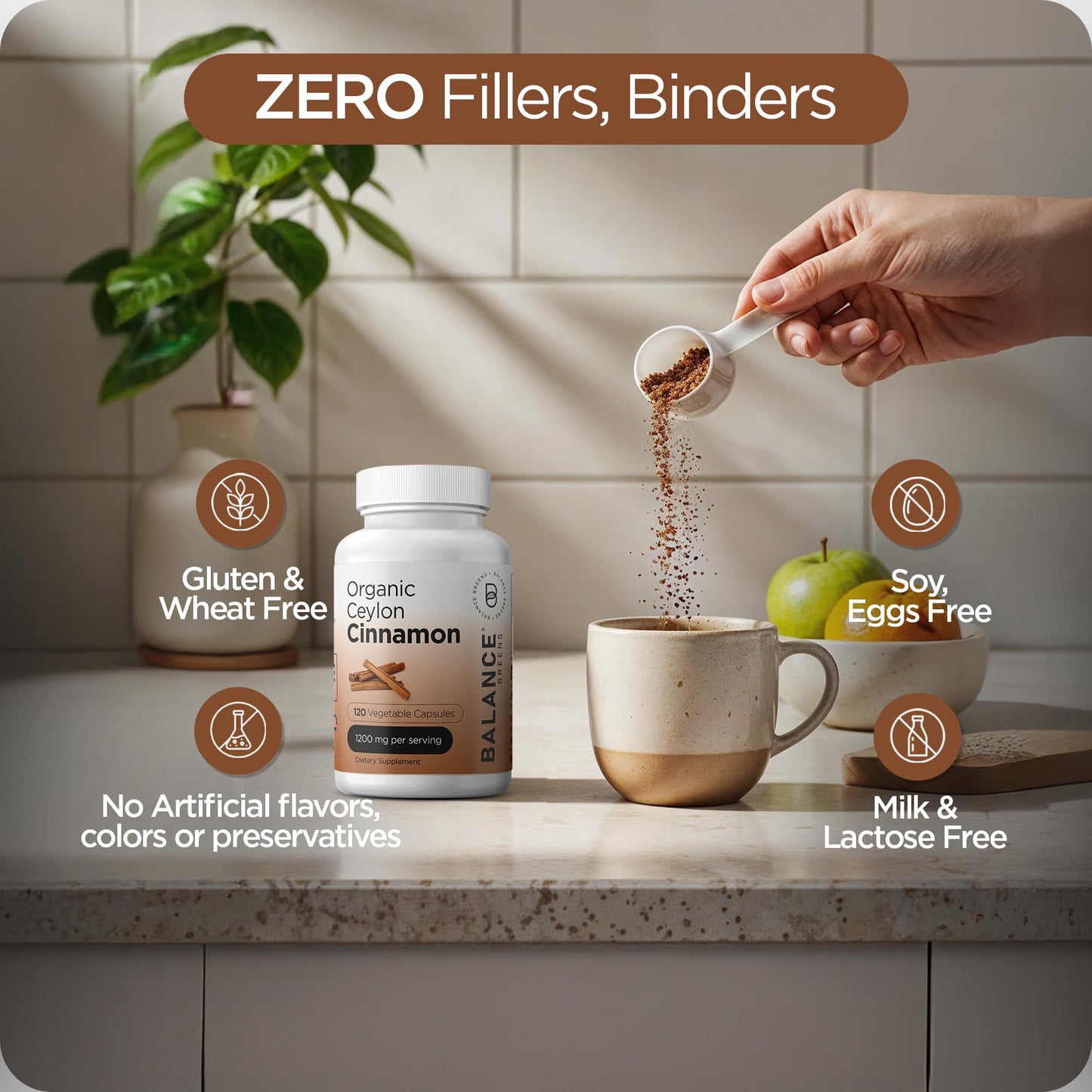 Balancebreens Certified Organic Ceylon Cinnamon 1200mg Supplement Capsules, 120 Count