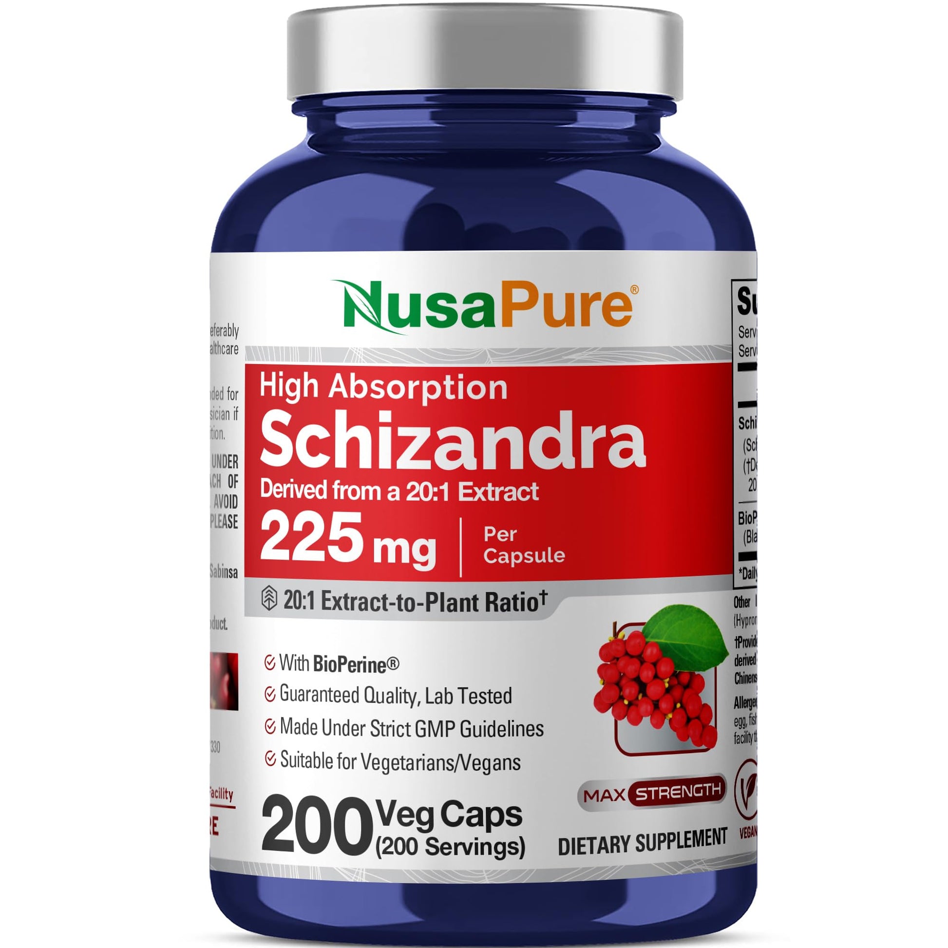 NusaPure Schizandra Berries Capsules, 200 Count