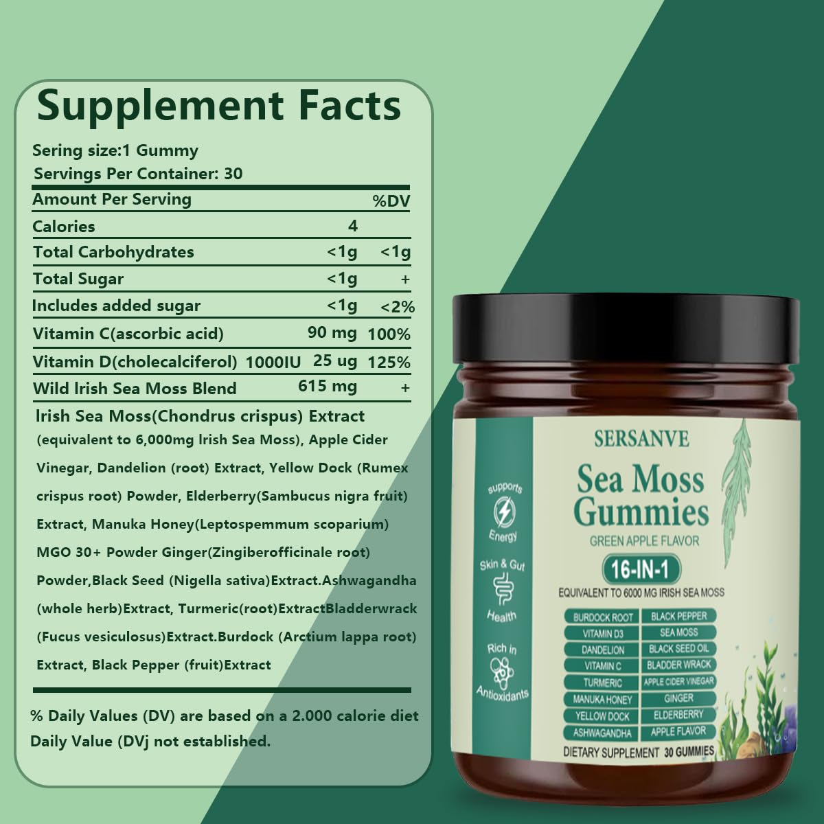 SERSANVE Sea Moss Gummies 16-in-1 with Ashwagandha Burdock Black Seed Oil Gummy 30 Count