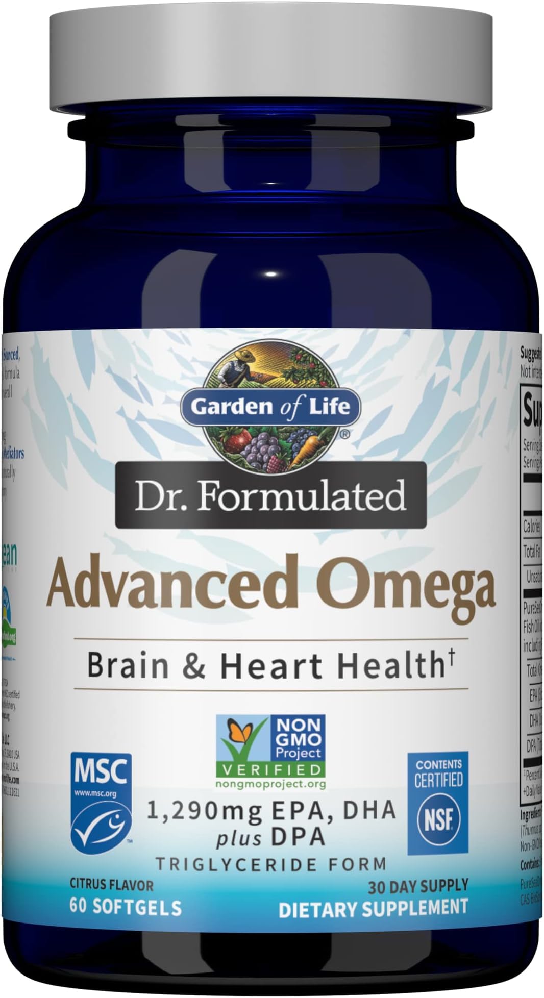 Garden of Life Dr. Formulated Advanced Omega Fish Oil-Lemon, 1,290 mg EPA, DHA + DPA in Triglyceride Form, Single Source Omega 3 Supplement for Ultimate Brain & Heart Health, Non-GMO, Softgels, 360