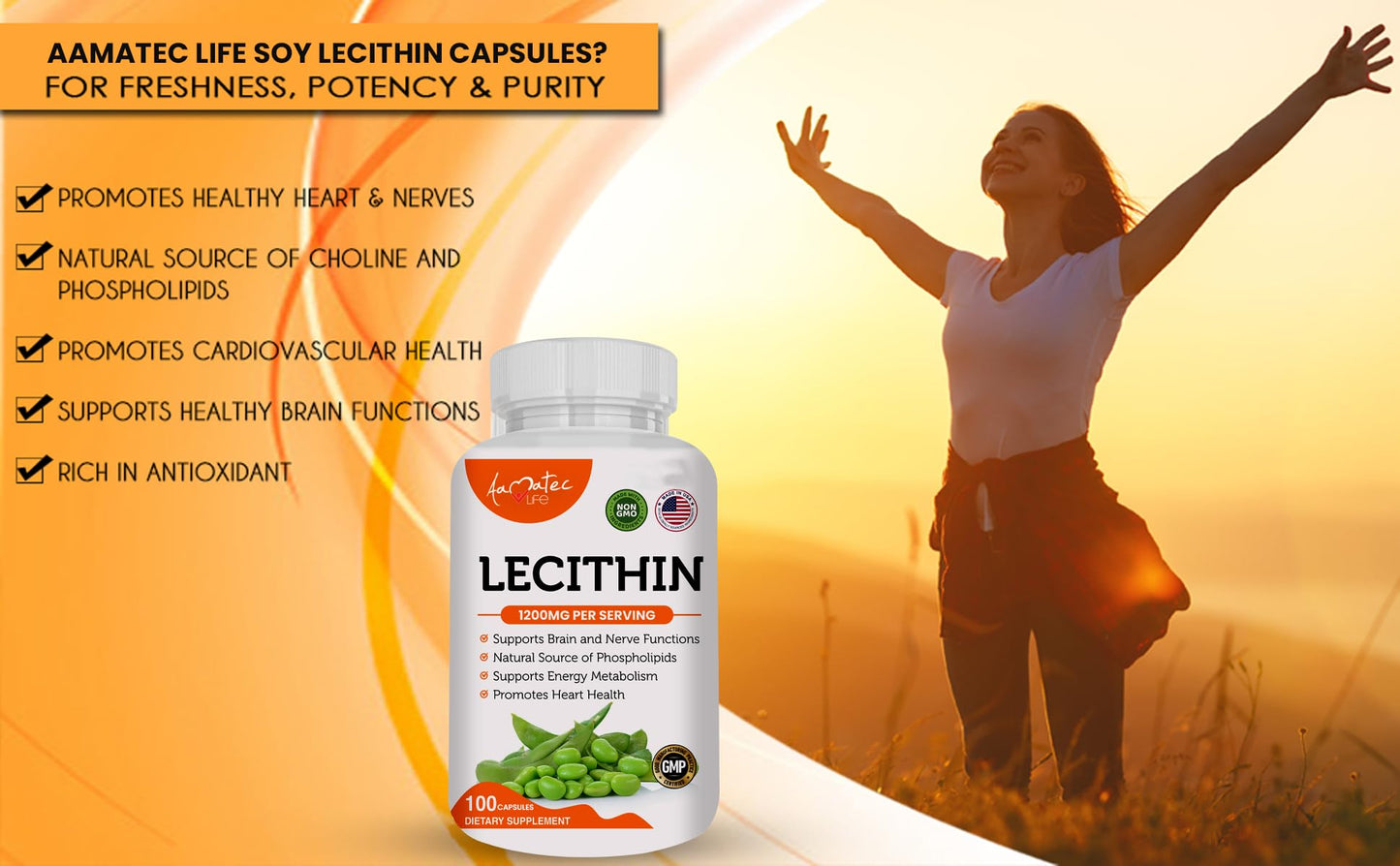 AAMATEC LIFE Soy Lecithin 1200mg Capsules, 100 Count