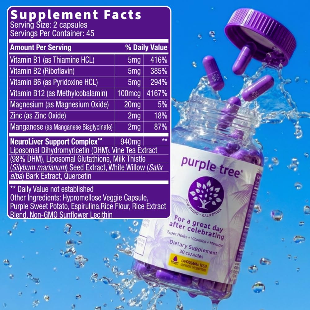 Purple Tree Post-Celebration Wellness Supplement for After-Drink Support, 180 Capsules