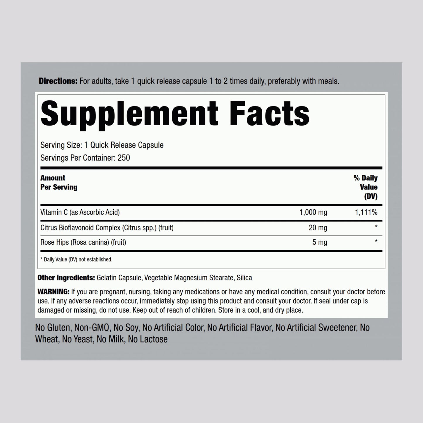 Piping Rock Vitamin C 1000mg Capsules, 250 Count