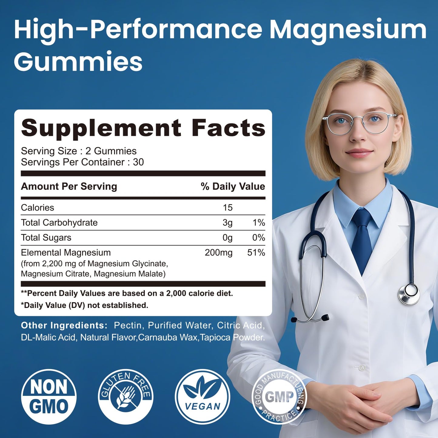 BERSOEVO Magnesium Glycinate Gummies 2200mg, High Absorption Magnesium Glycinate, Citrate, Malate, for Adults and Kids, Sugar Free, Vegan, Blueberry, 60 Count