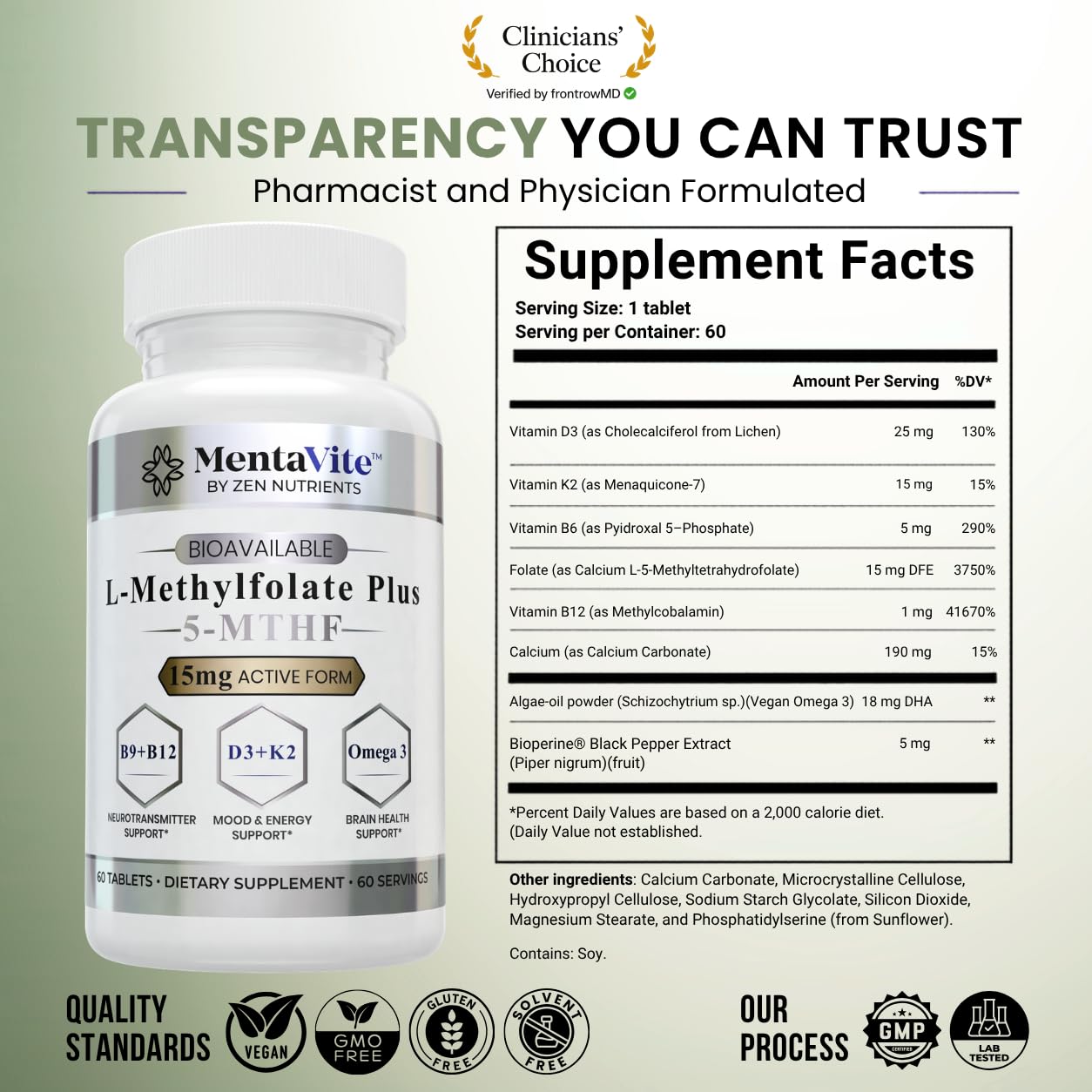 Zen Nutrients L-Methylfolate 15 mg Liposomal Matrix - Active 5-MTHF with Methylcobalamin (B12), B9, Omega 3, D3 + K2 - Methyl Folate Supplement Supports Mood, Methylation, Cognition, Vegan, 60 Tablets