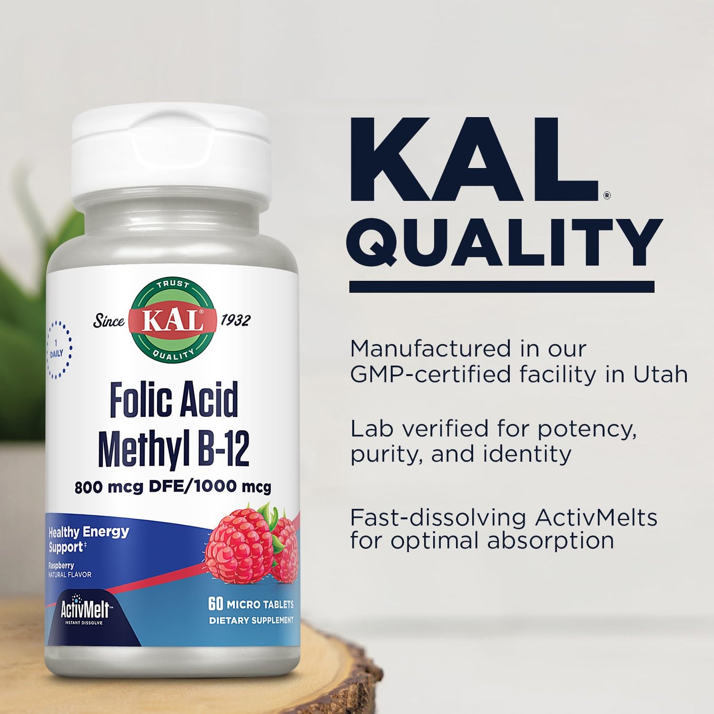 KAL 800 mcg Folic Acid Methyl B-12 Tablets, 60 Count