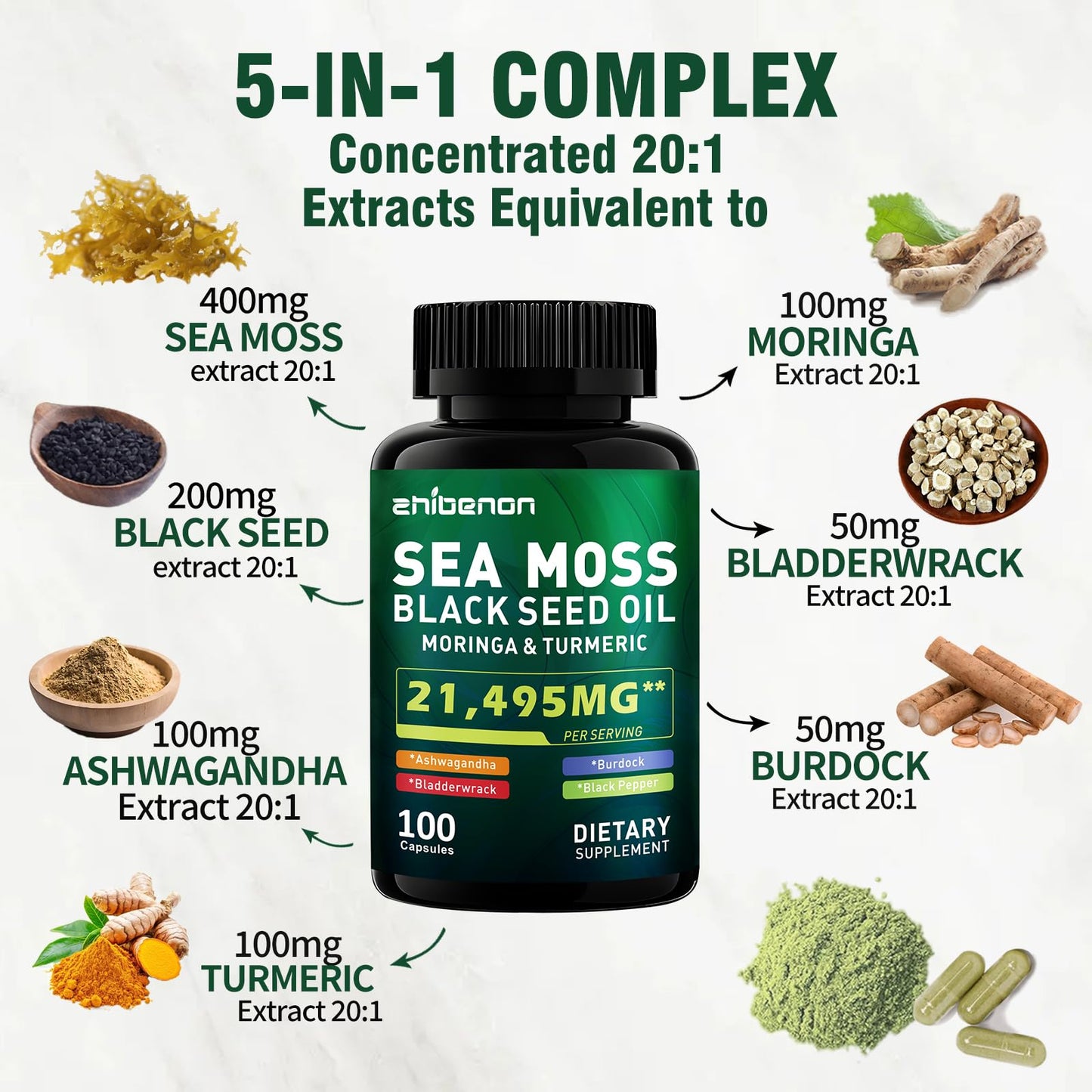 Zhibenon Sea Moss Capsules with Bladderwrack & Burdock, 100 Count