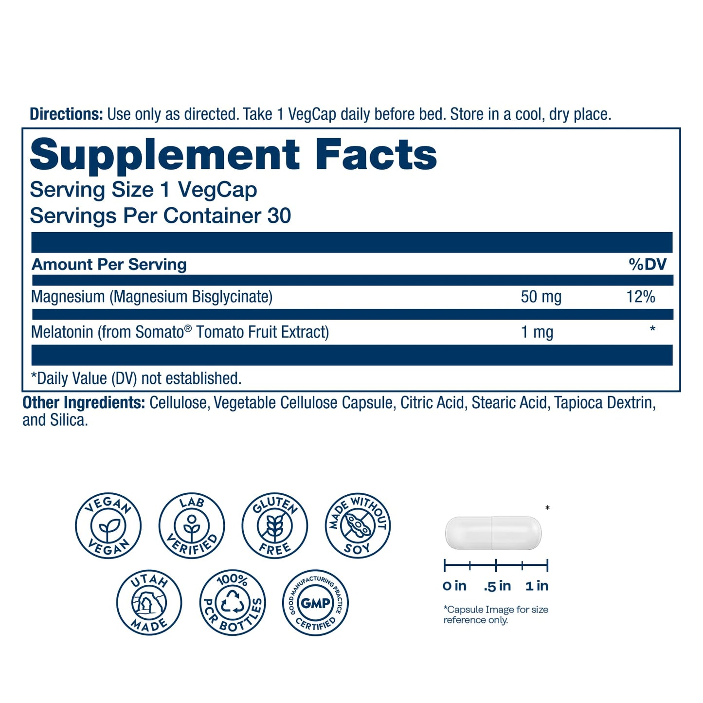 SOLARAY SleepMag Magnesium Glycinate & Melatonin 1 mg Sleep Aid Capsules, 30 Count