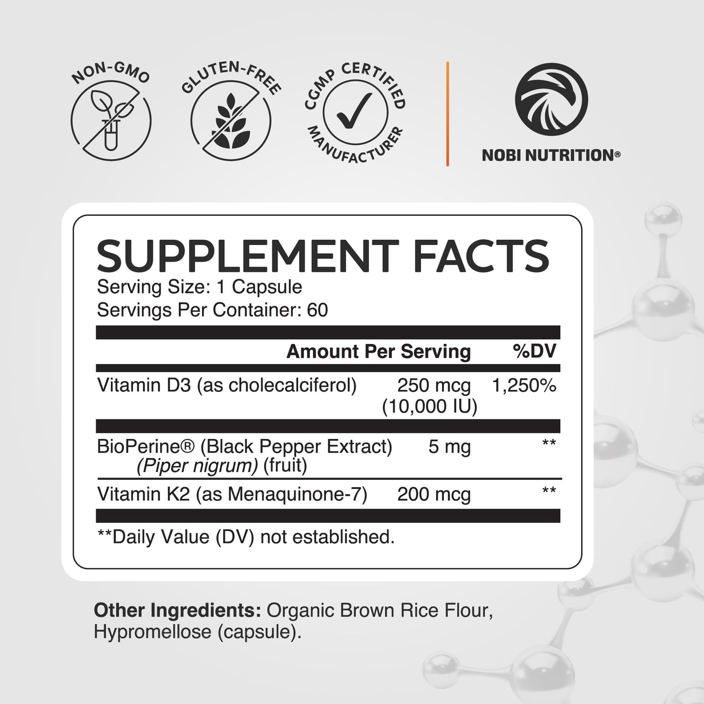 Nobi Nutrition Vitamin D3 K2 Capsule, 60 Count