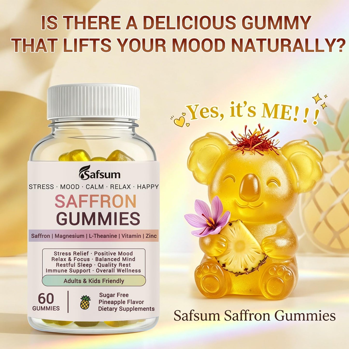 Safsum Saffron Gummies with Magnesium, L-Theanine, Vitamins - Happy Gummies for Stress Relief & Mood Support Saffron Supplements for Adults & Kids, Sugar Free Pineapple Flavor, 60 Gummies