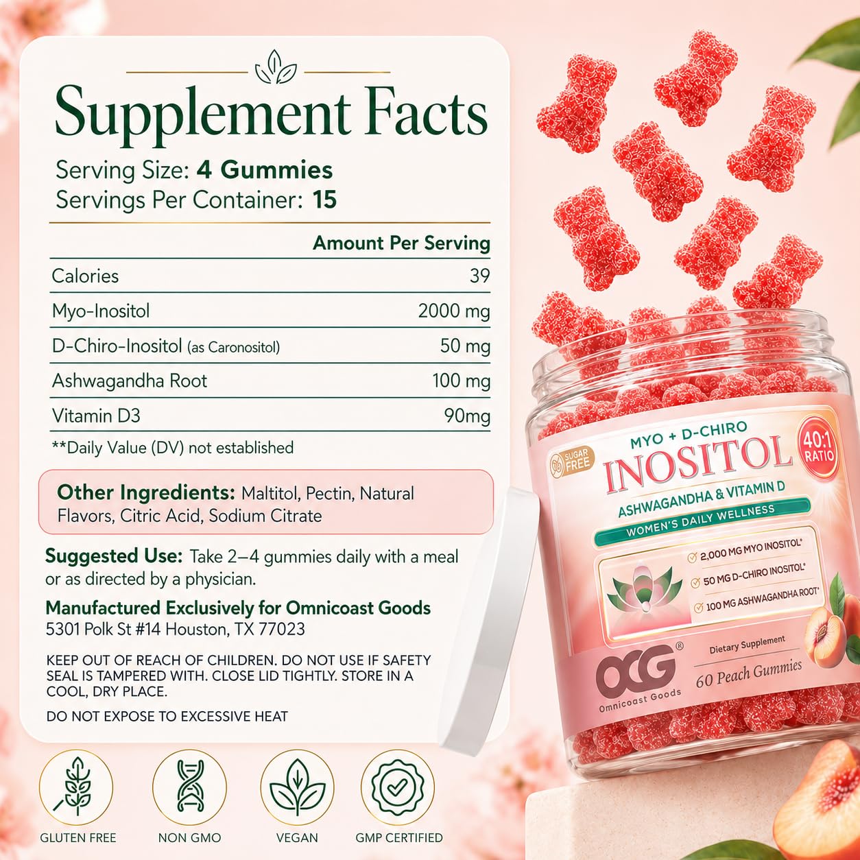 OMNICOAST GOODS, OCG Myo-Inositol & D-Chiro Inositol Gummies with Ashwagandha Root & Vitamin D3, 60 Gummies