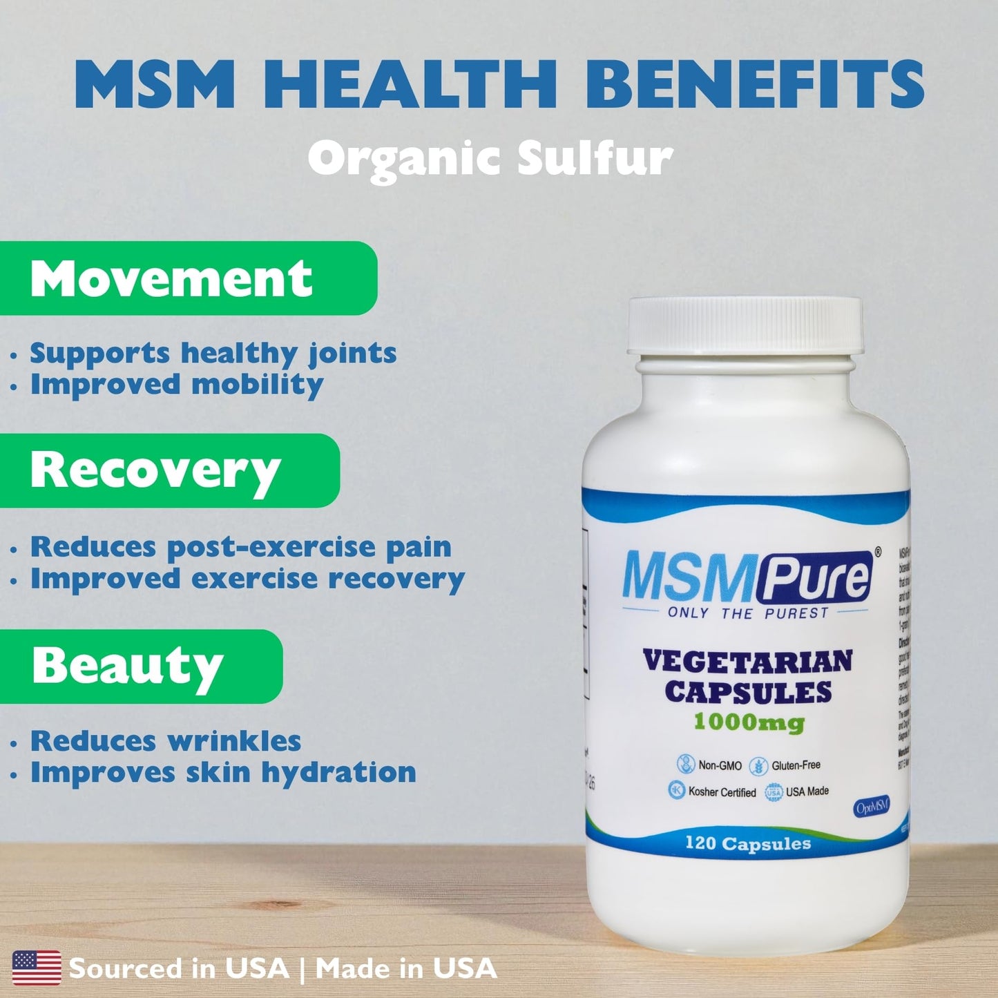KALA HEALTH MSMPure MSM Vegetarian Capsules – 1,000 mg US-Sourced MSM per Capsule, Joint Health Support, 120 Count