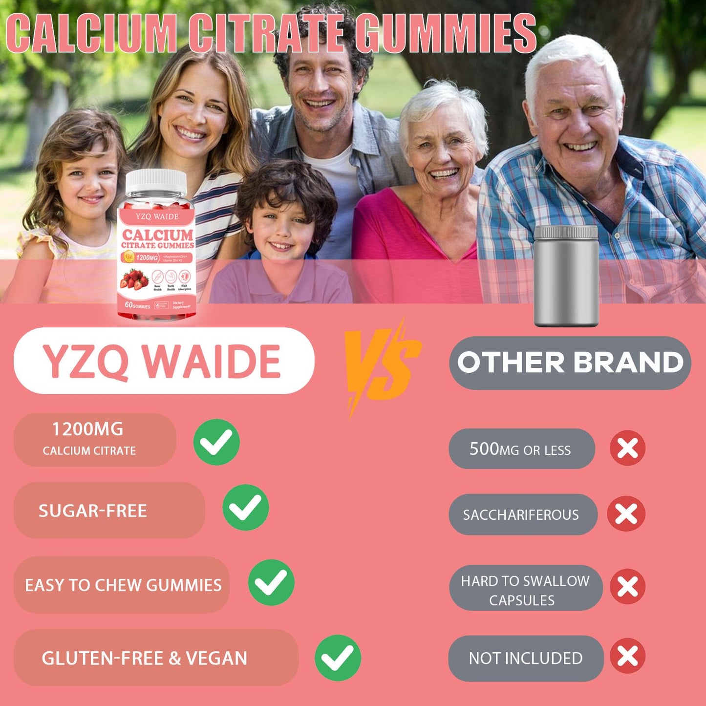 YZQ WAIDE Calcium Citrate Gummies 1200mg with Vitamin D3 + K2, Magnesium, Zinc 60 Count