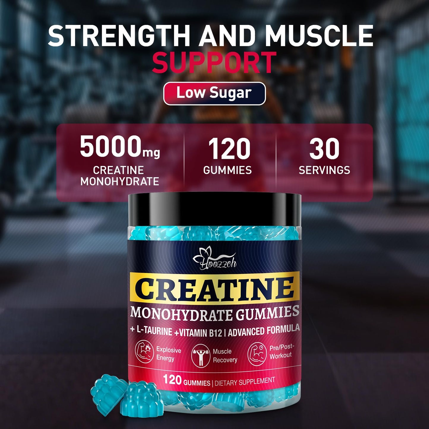 Hoozzch Blueberry Creatine Monohydrate Gummies, 120 Gummies