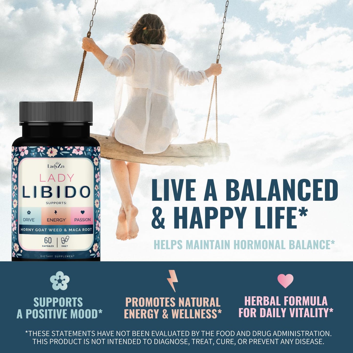 LadyZn Lady Libido Supplement for Women Capsules with Horny Goat Weed & Maca Root 60 Count