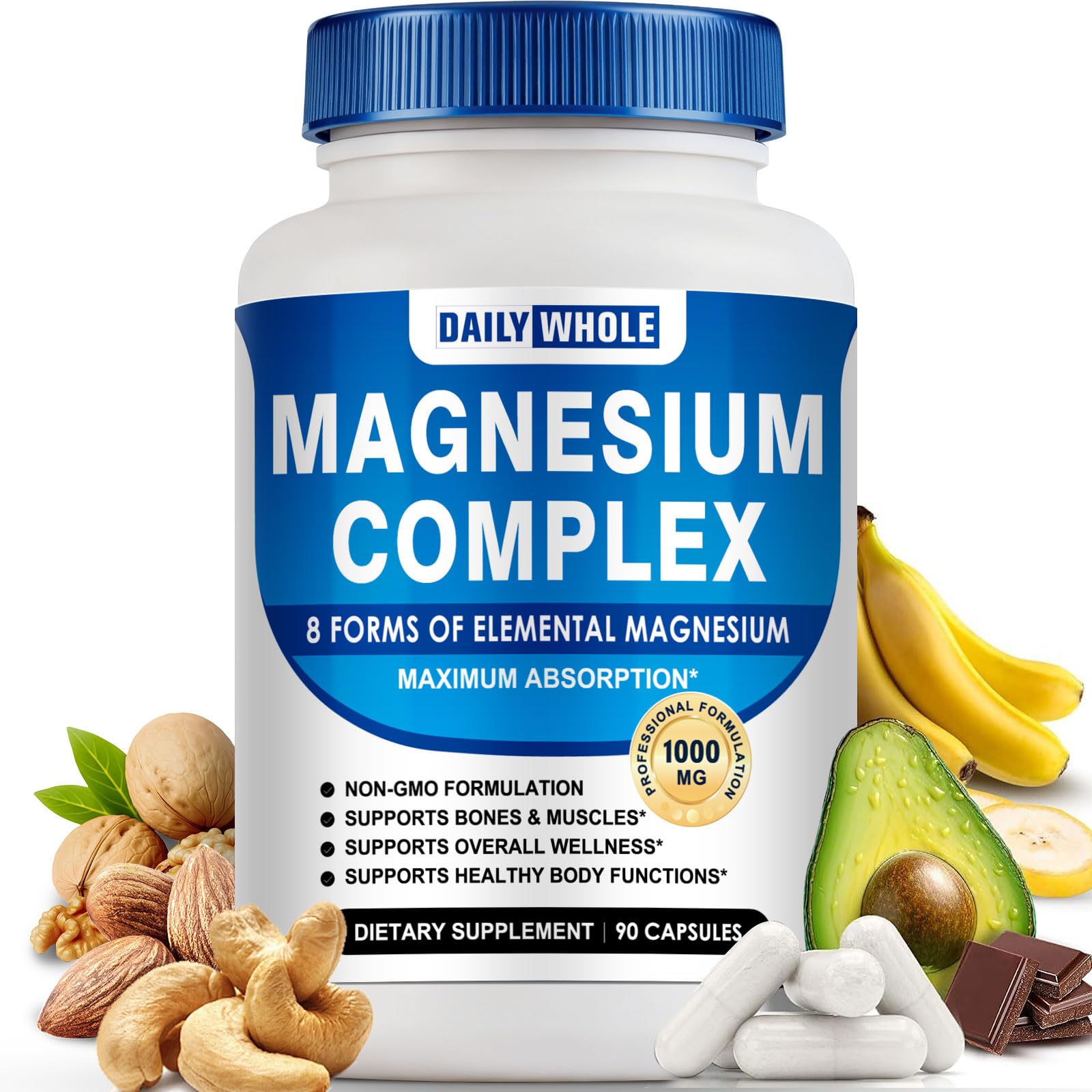 DailyWhole Magnesium Glycinate 8in1 Complex Supplement 1000mg Capsule, 90 Count