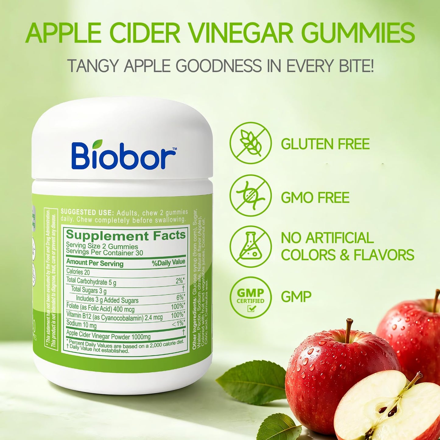 Biobor Apple Cider Vinegar Gummies 1000 mg with Vitamin B12, 60 Gummies