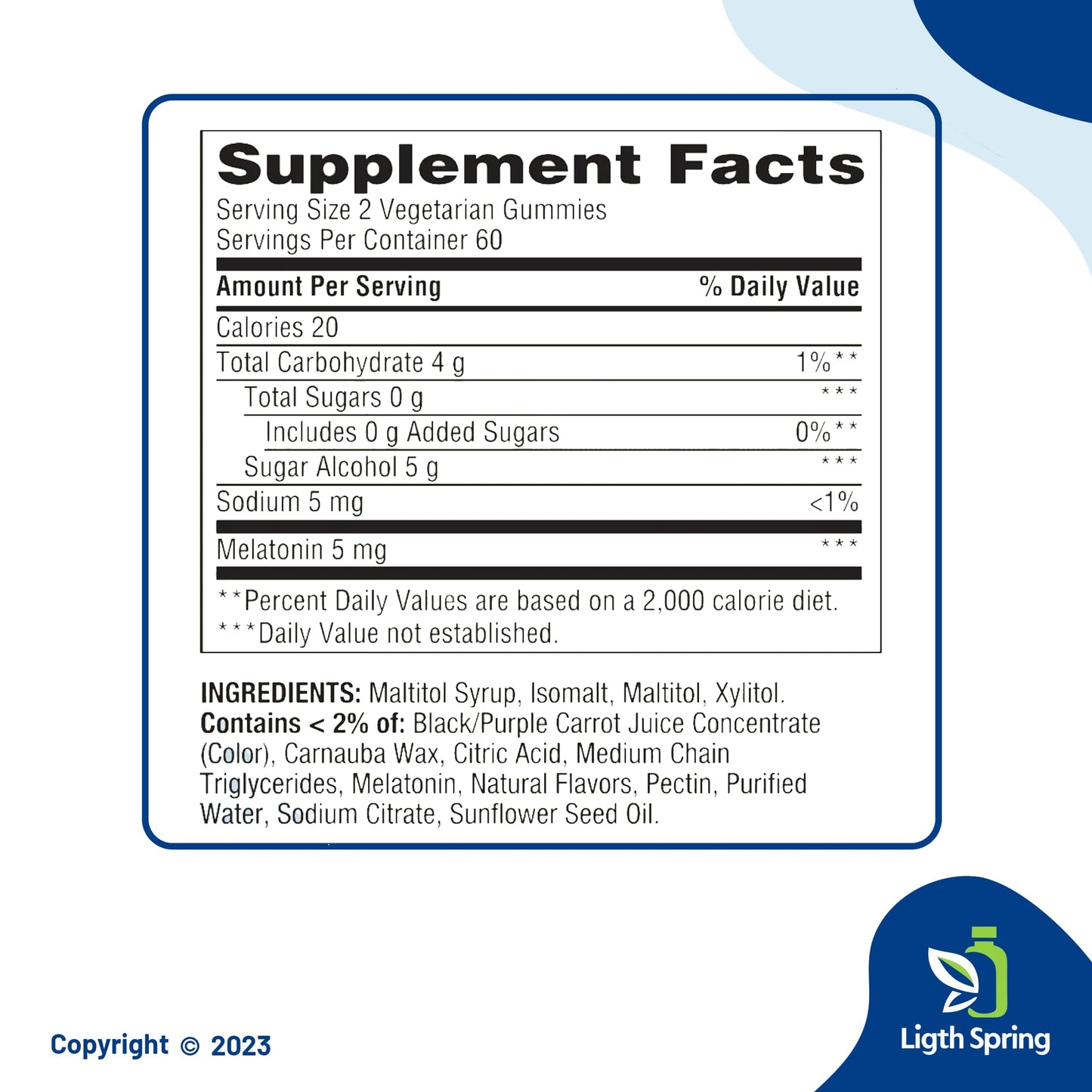 LightSpring Melatonin 5 mg Zero Sugar Gummies, 120 Count