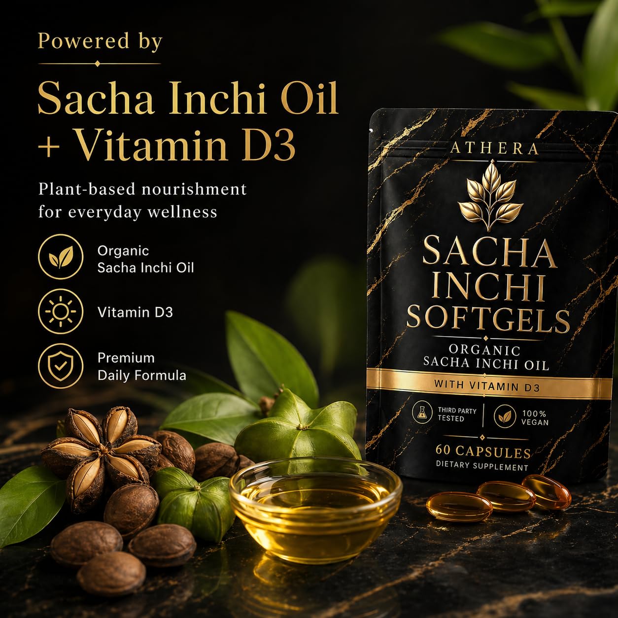 Livioon Athera Softgels Organic Sacha Inchi Oil & Vitamin D3 Capsules 60 Count