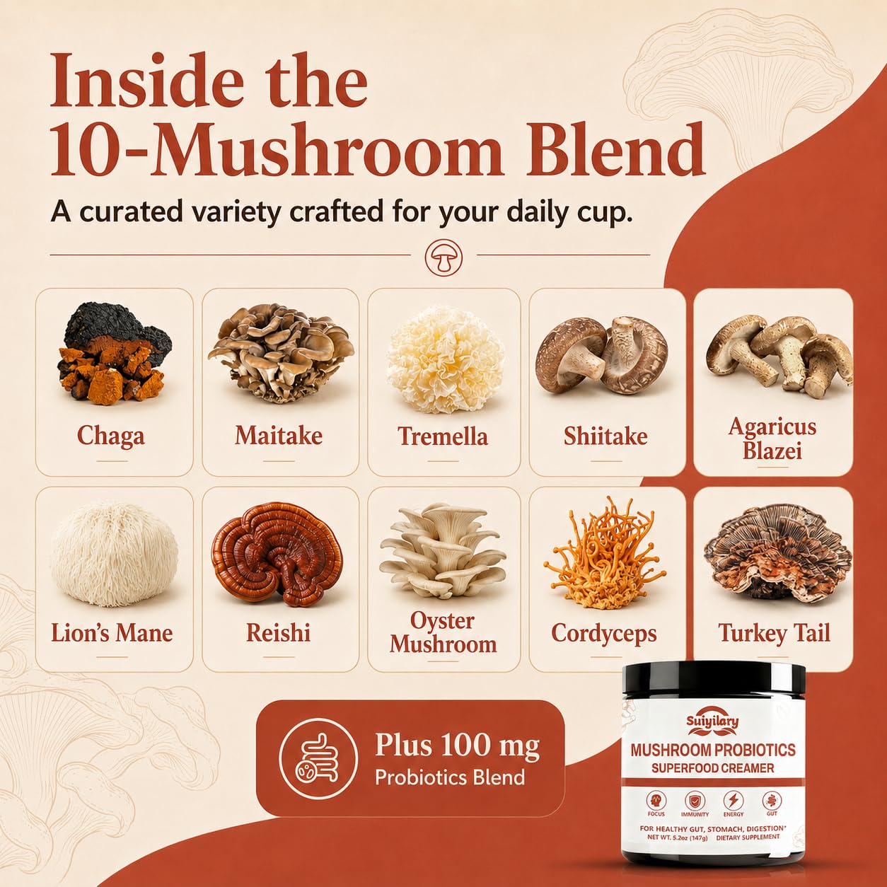 Suiyilary Mushroom Probiotic Coffee Creamer Powder 5.2 oz