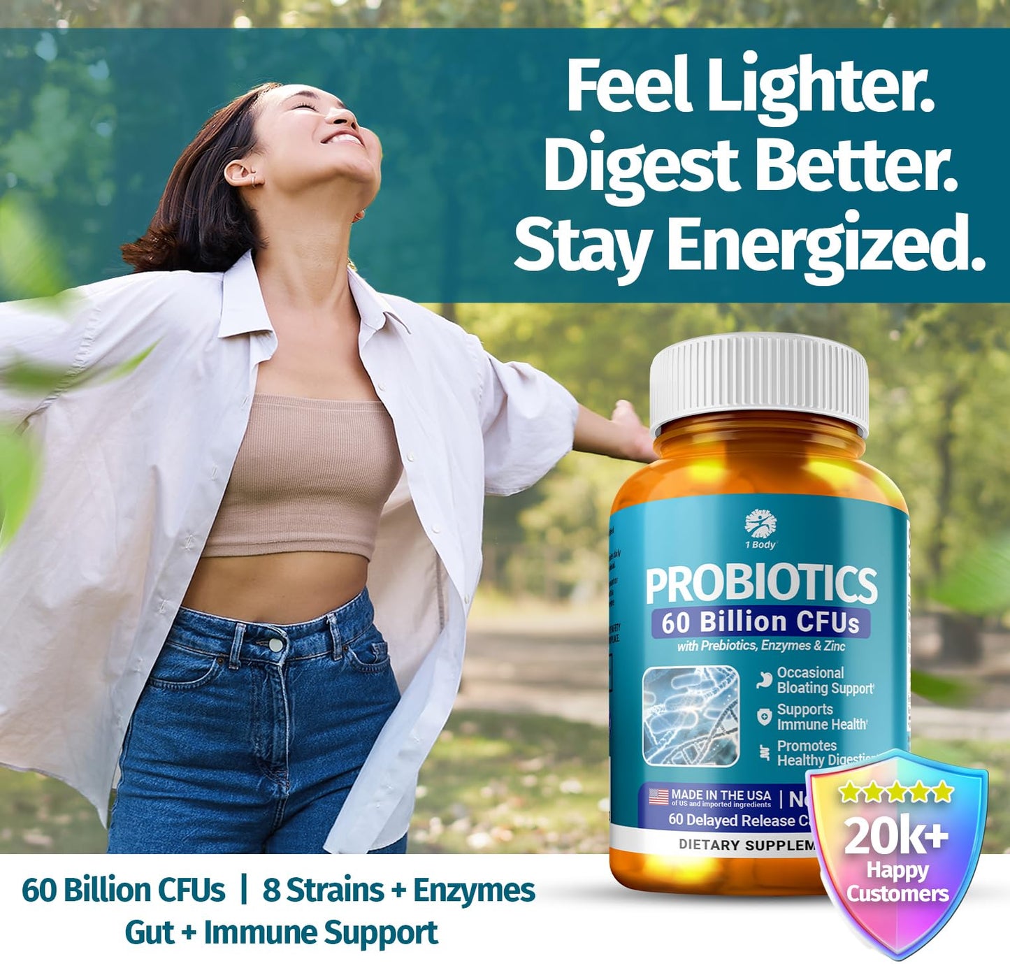 1 Body Probiotic 60 Billion with Prebiotics & Enzymes, 60 Capsules