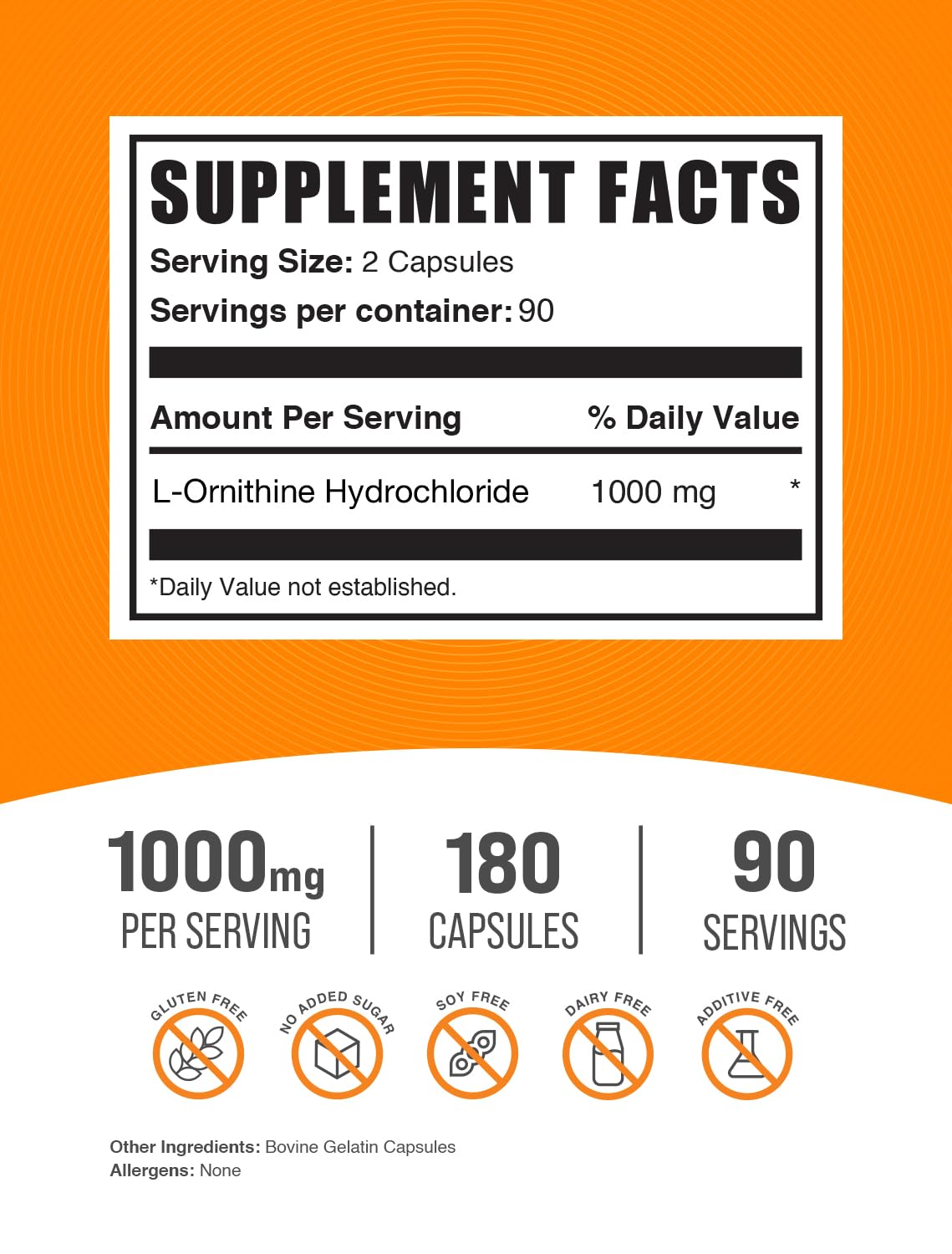 BulkSupplements L-Ornithine HCl Capsules, L-Ornithine 1000mg, 180 Capsules