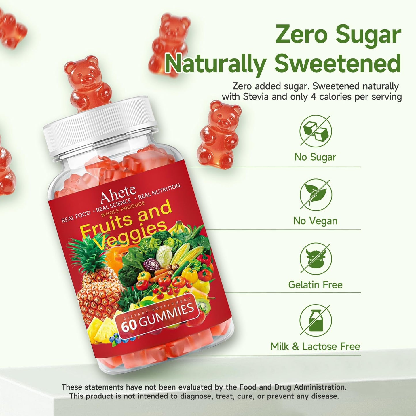 Ahete Fruit and Veggies Vitamin A C E Gummies, 180 Count (60 Count per Pack, Pack of 3)
