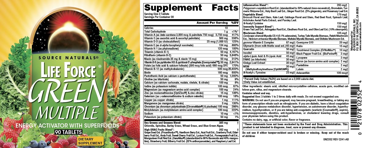 Source Naturals Life Force Green Multiple, Energy Activator with Superfoods, 90 Tablets